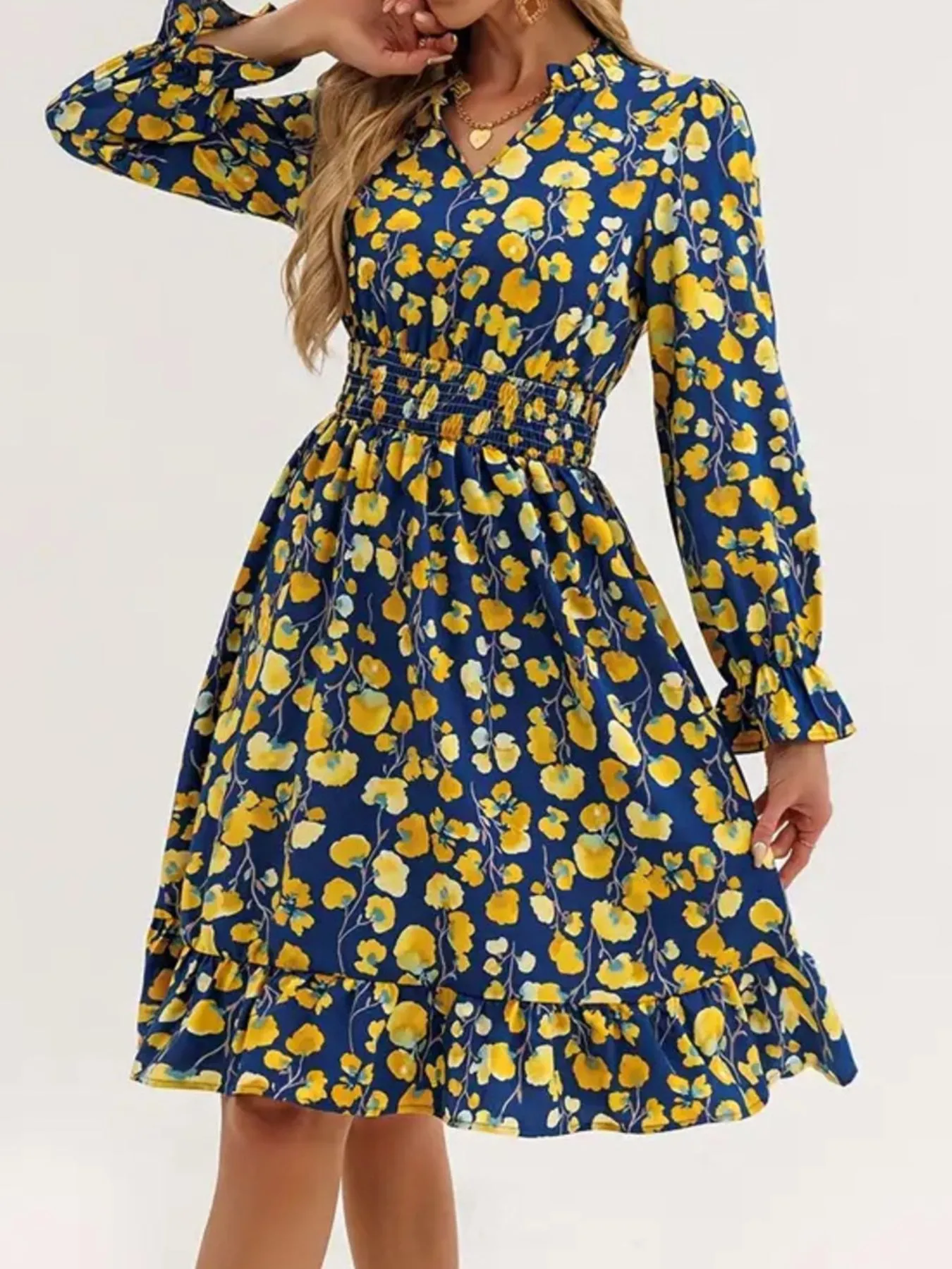 Floral Print Flounce Sleeve Ruffle Hem Dress - Image 15