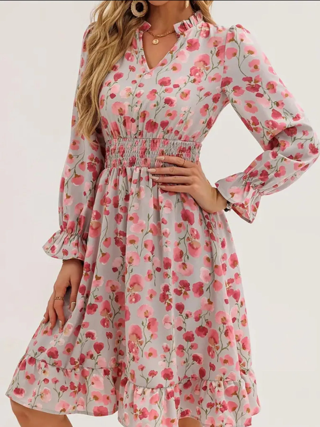 Floral Print Flounce Sleeve Ruffle Hem Dress - Image 3