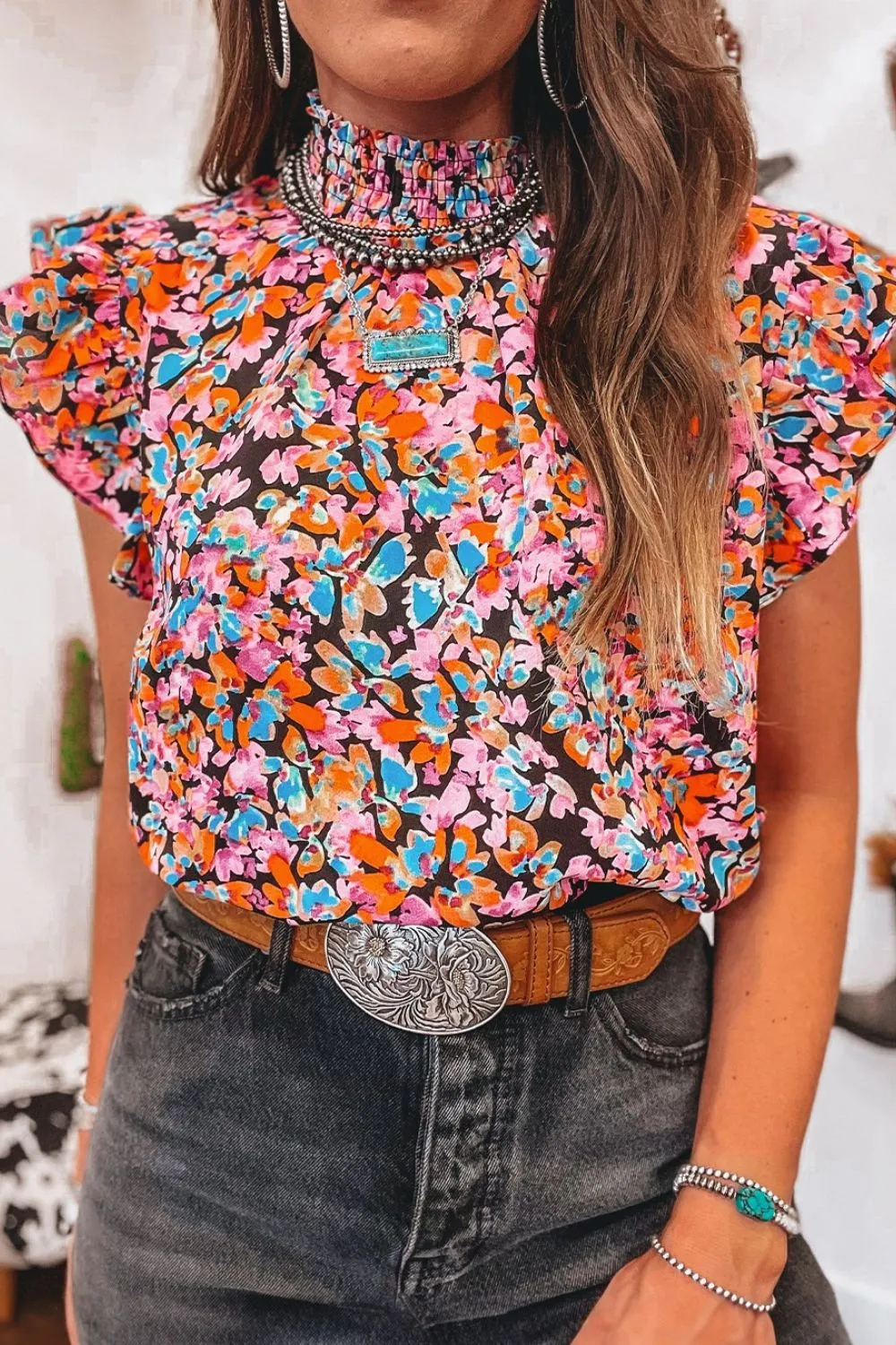 Floral Print Flutter Sleeve Blouse Top - Image 3