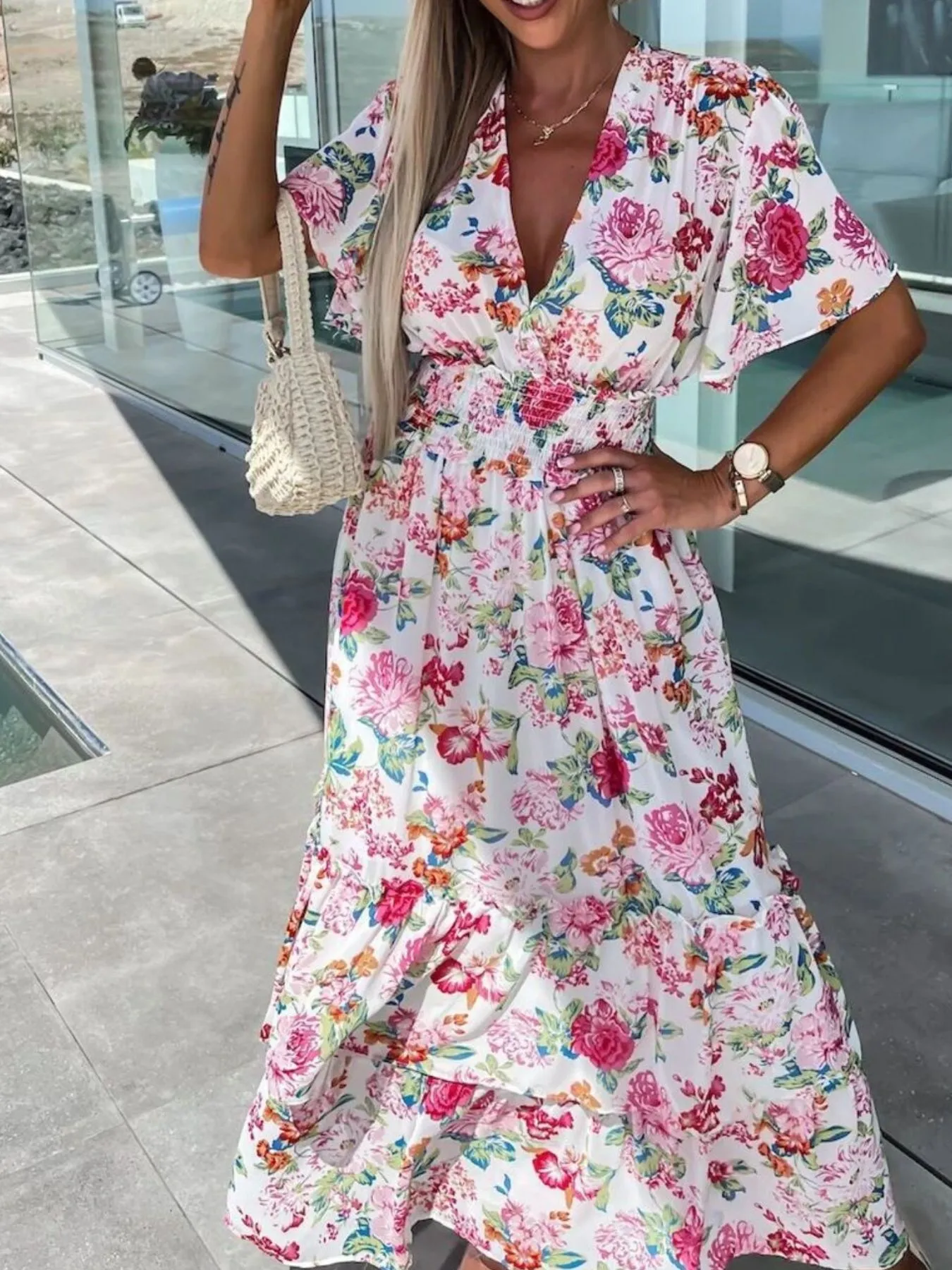 Floral Print Flutter Sleeve Maxi Dress - Image 4