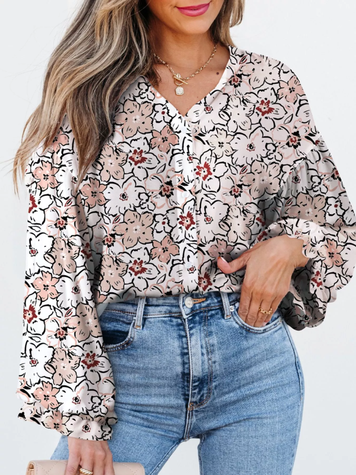 Floral Print Frilled Puff Sleeve Button Down Shirt - Image 2