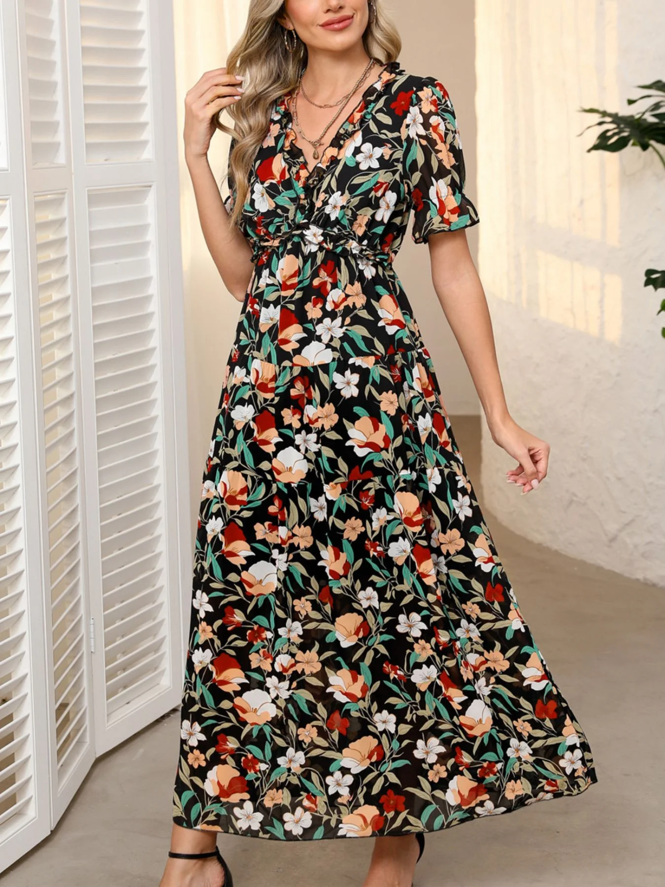 Floral Print Frilled V Neck Short Sleeve Maxi Dress - Image 3