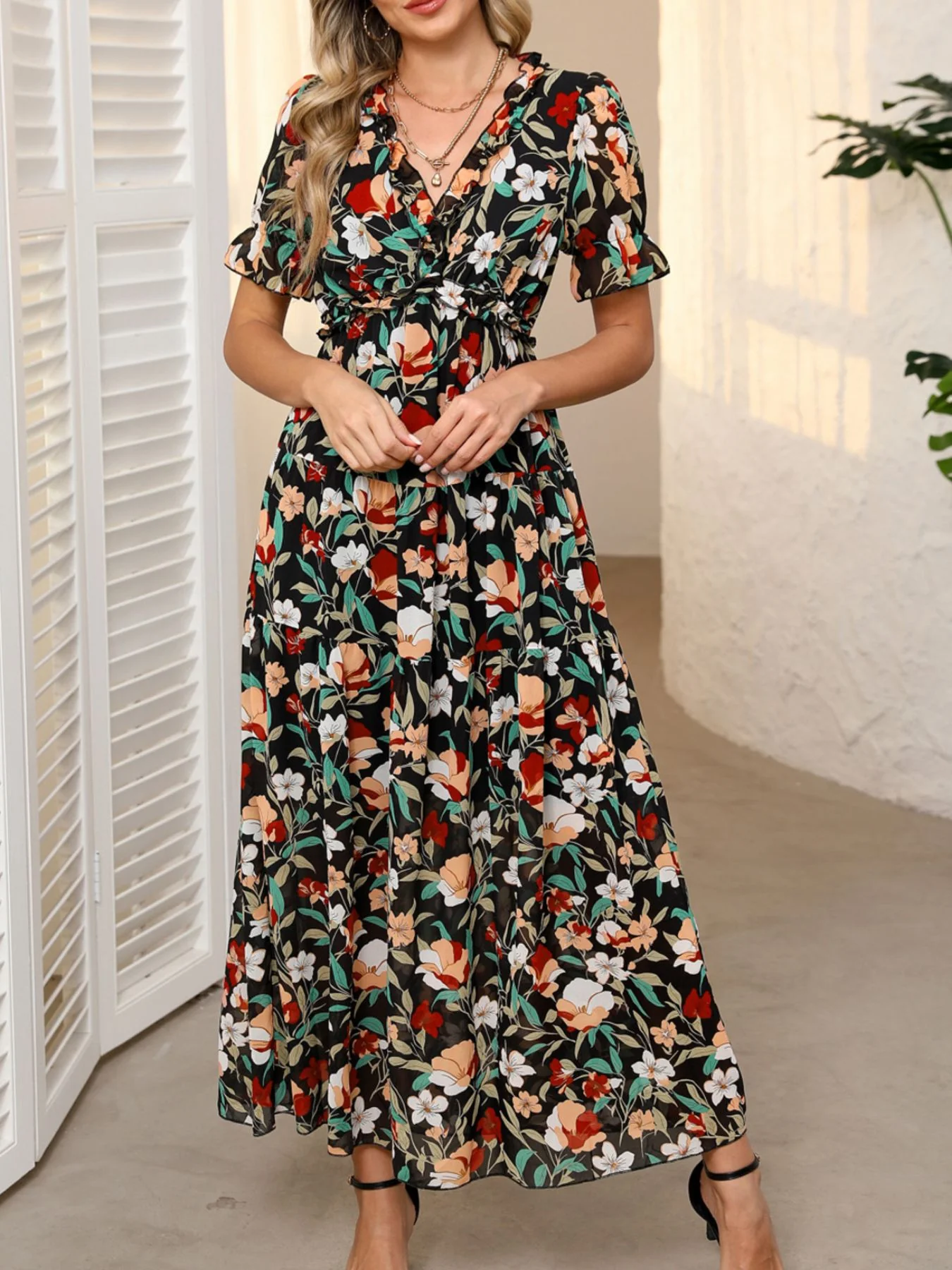 Floral Print Frilled V Neck Short Sleeve Maxi Dress - Image 5