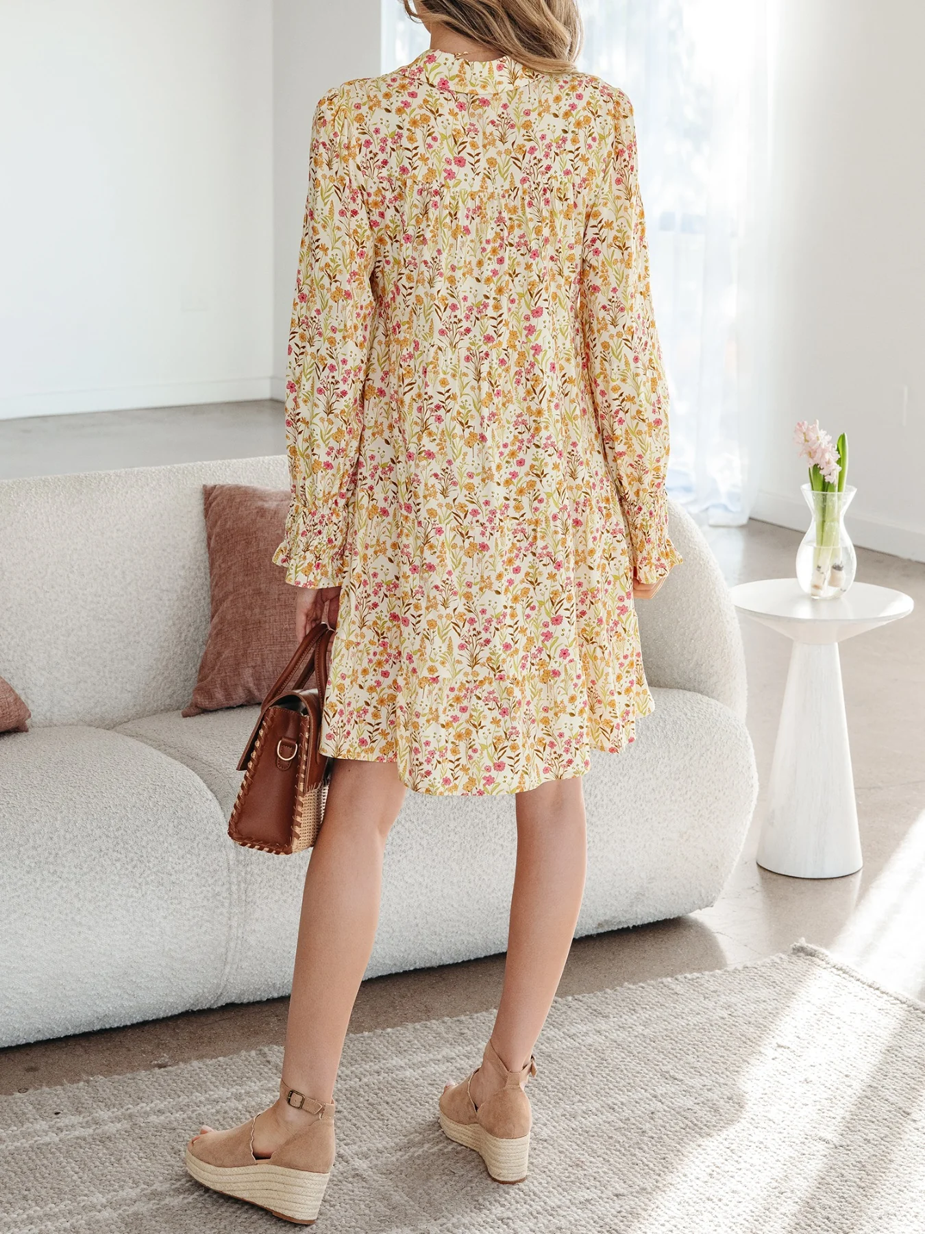 Floral Print Frilly Trim Smocked Cuff Long Sleeve Loose Shirt Dress - Image 2
