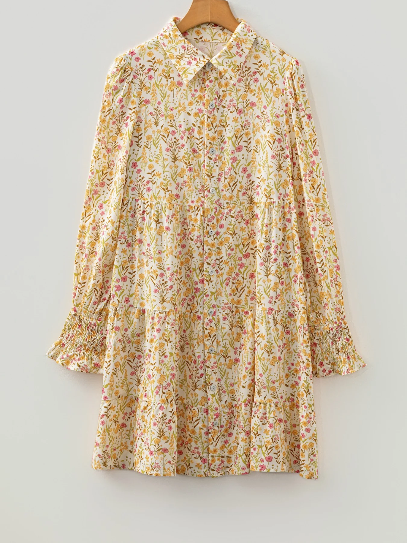 Floral Print Frilly Trim Smocked Cuff Long Sleeve Loose Shirt Dress - Image 6