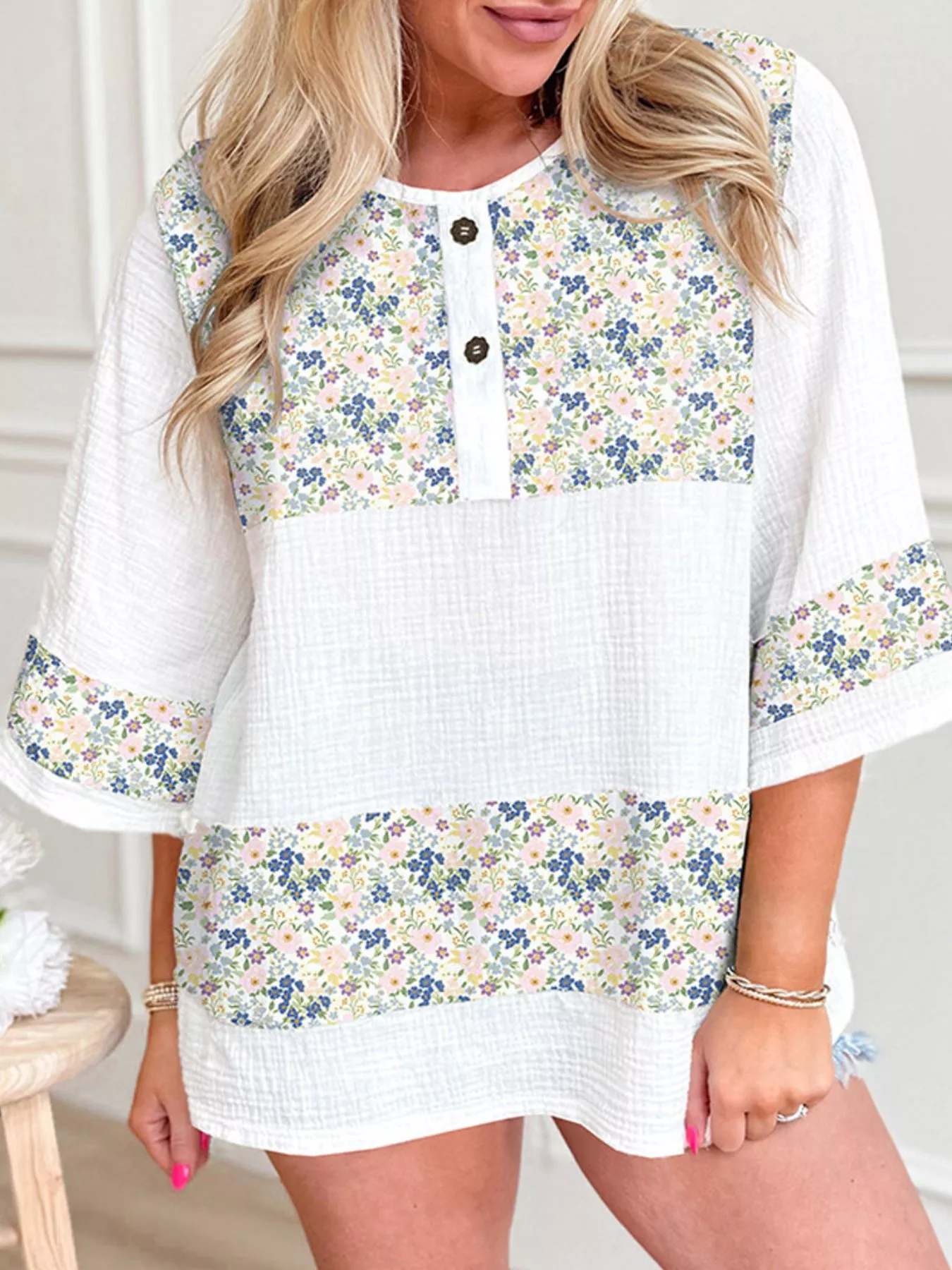 Floral Print Henley Button 3/4 Sleeve Blouse - Image 8