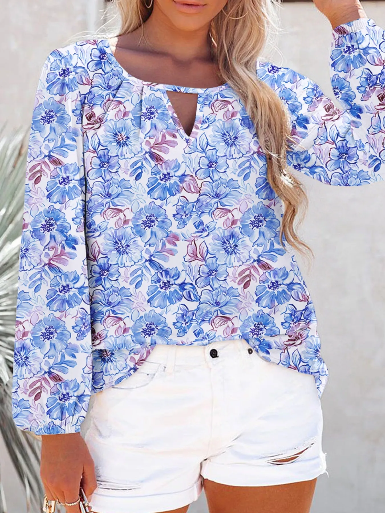 Floral Print Keyhole Neck Blouse - Image 10