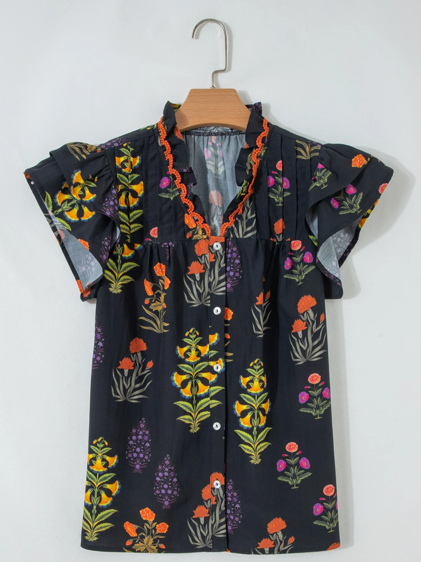 Floral Print Lace Trim Frilled V Neck Short Sleeve Shirt - Image 4