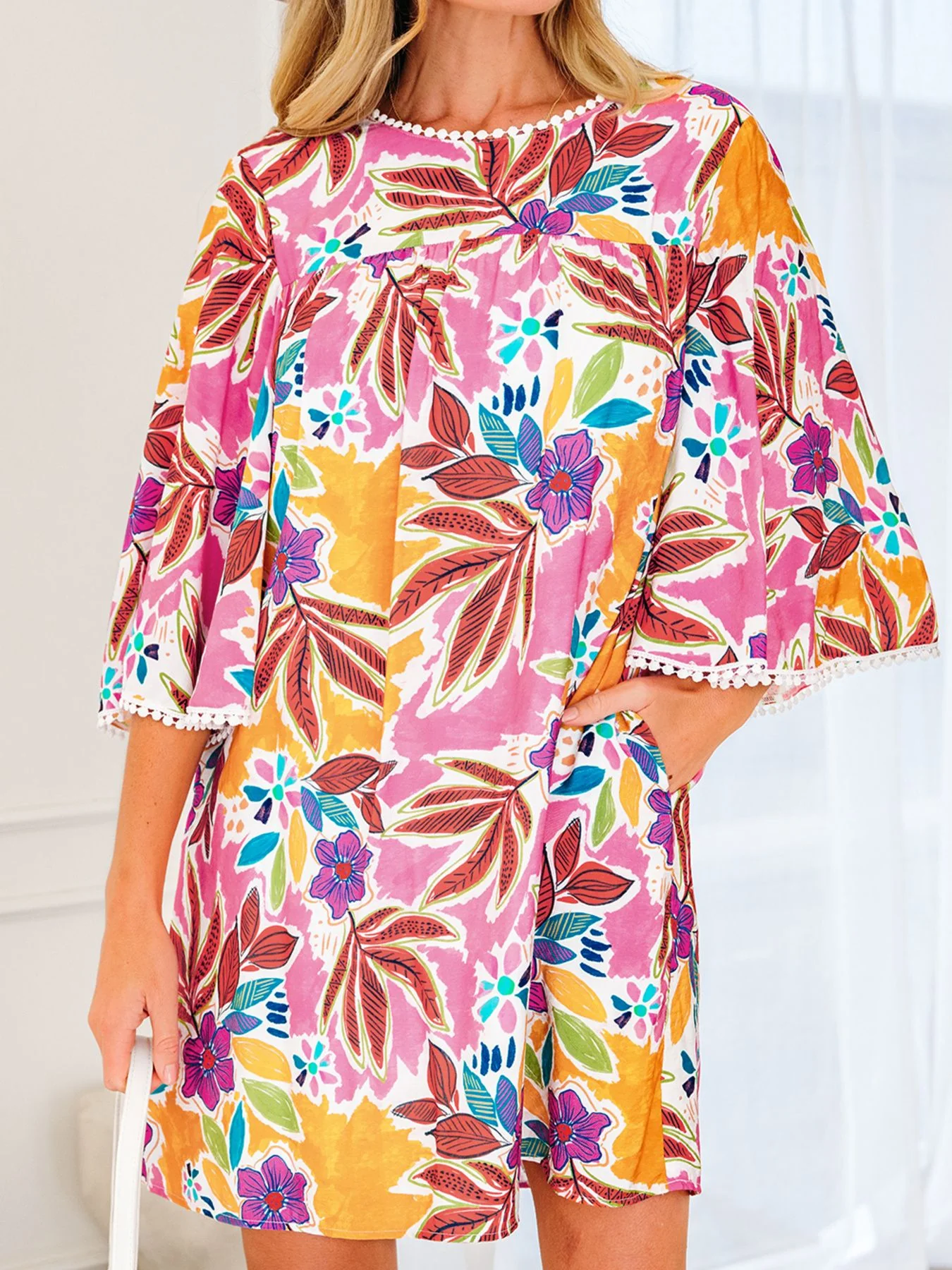 Floral Print Lace Trimmed Tie Back Bell Sleeve Swing Mini Dress - Image 4
