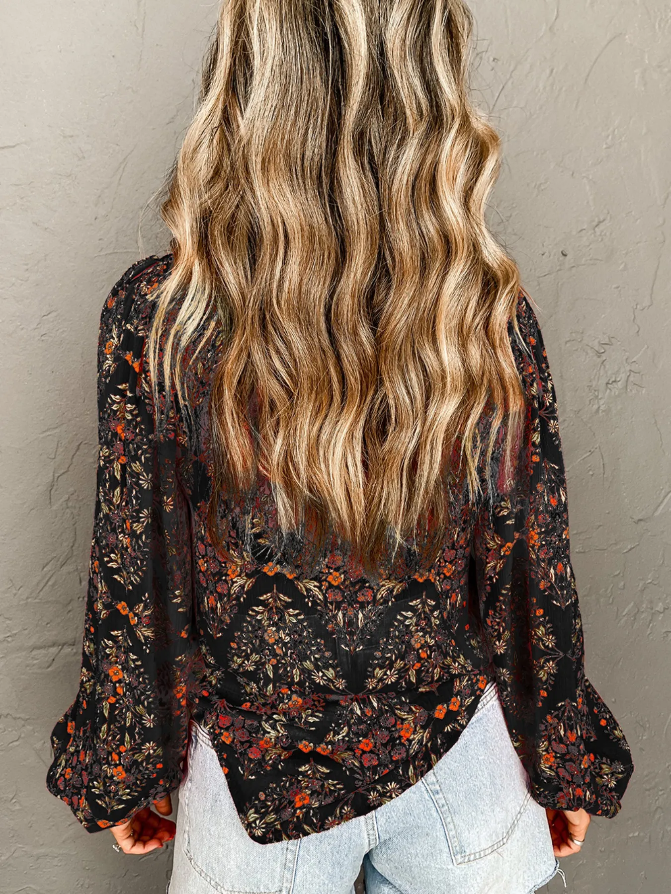 Floral Print Lantern Sleeve Loose Shirt - Image 2