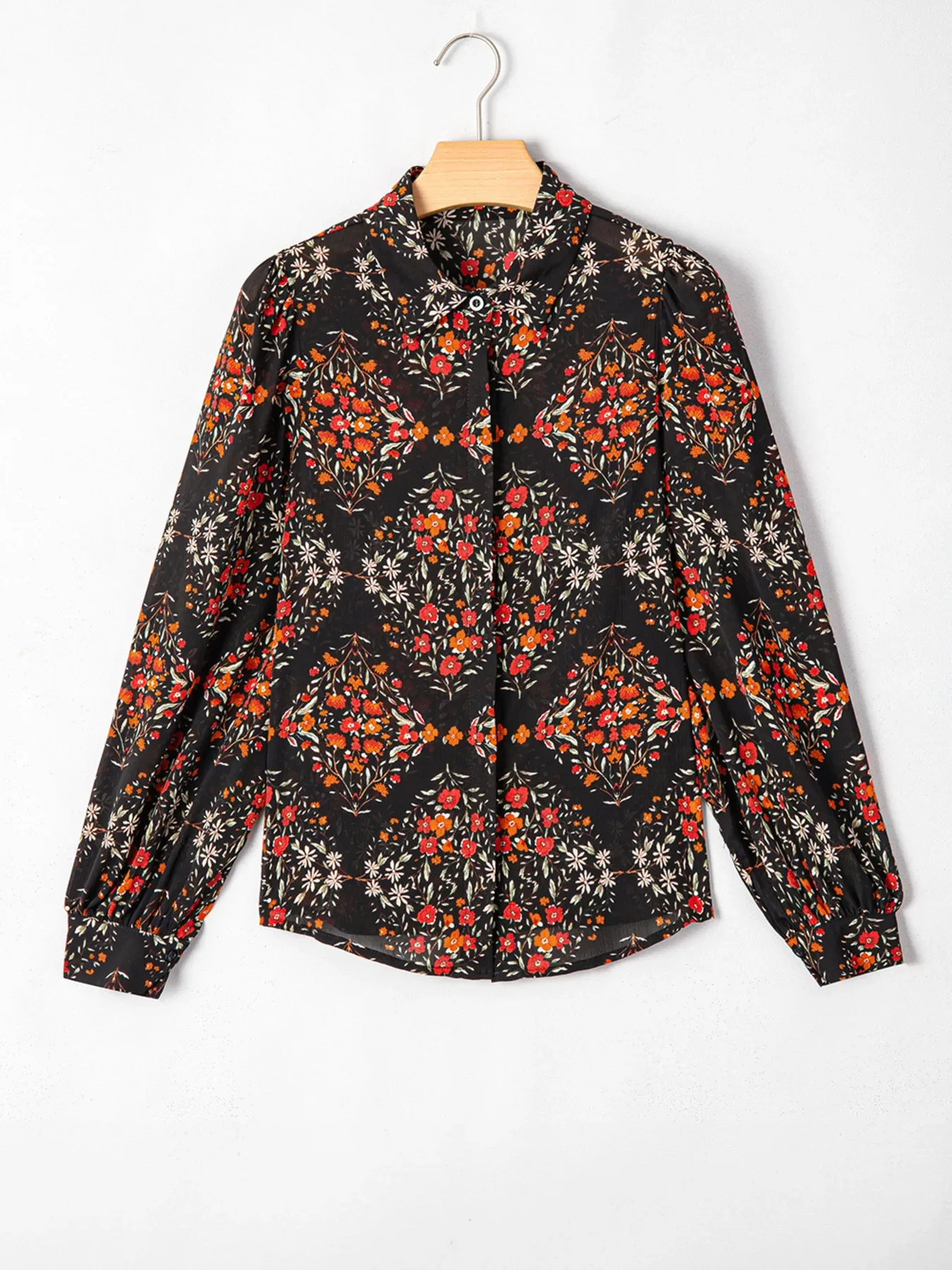 Floral Print Lantern Sleeve Loose Shirt - Image 3