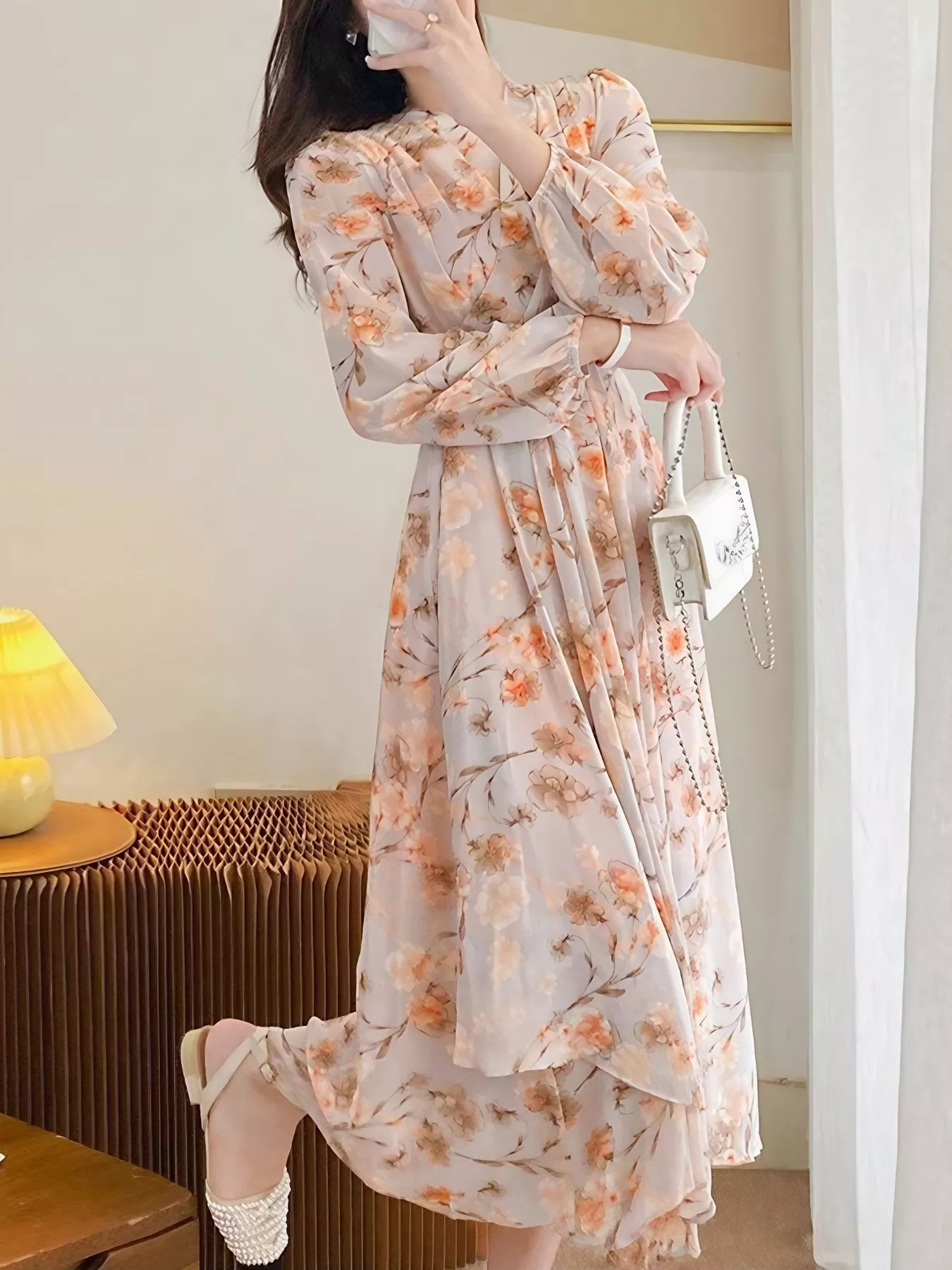 Floral Print Long Sleeve Midi Dress - Image 4