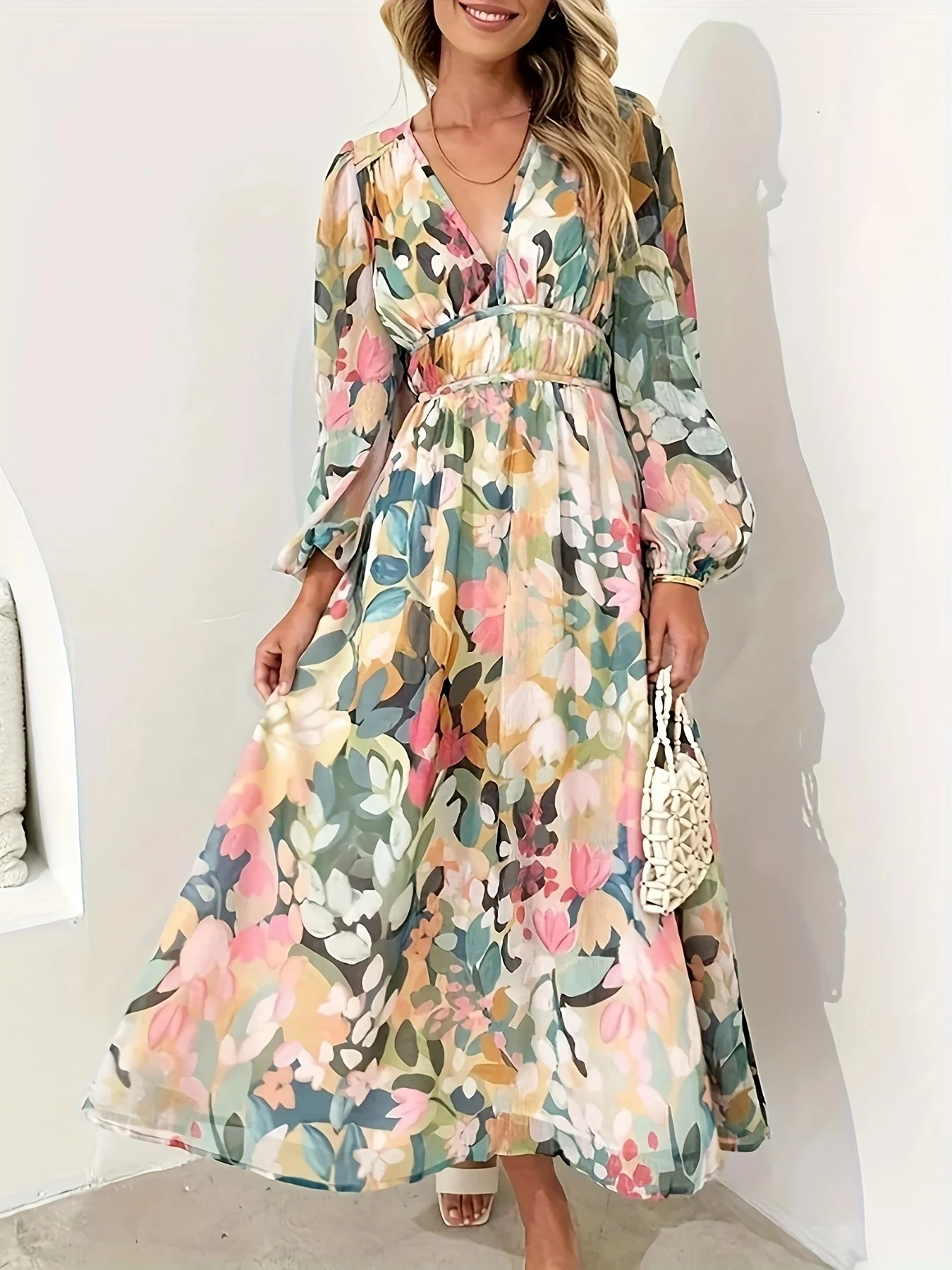 Floral Print Long Sleeve Midi Dress - Image 2