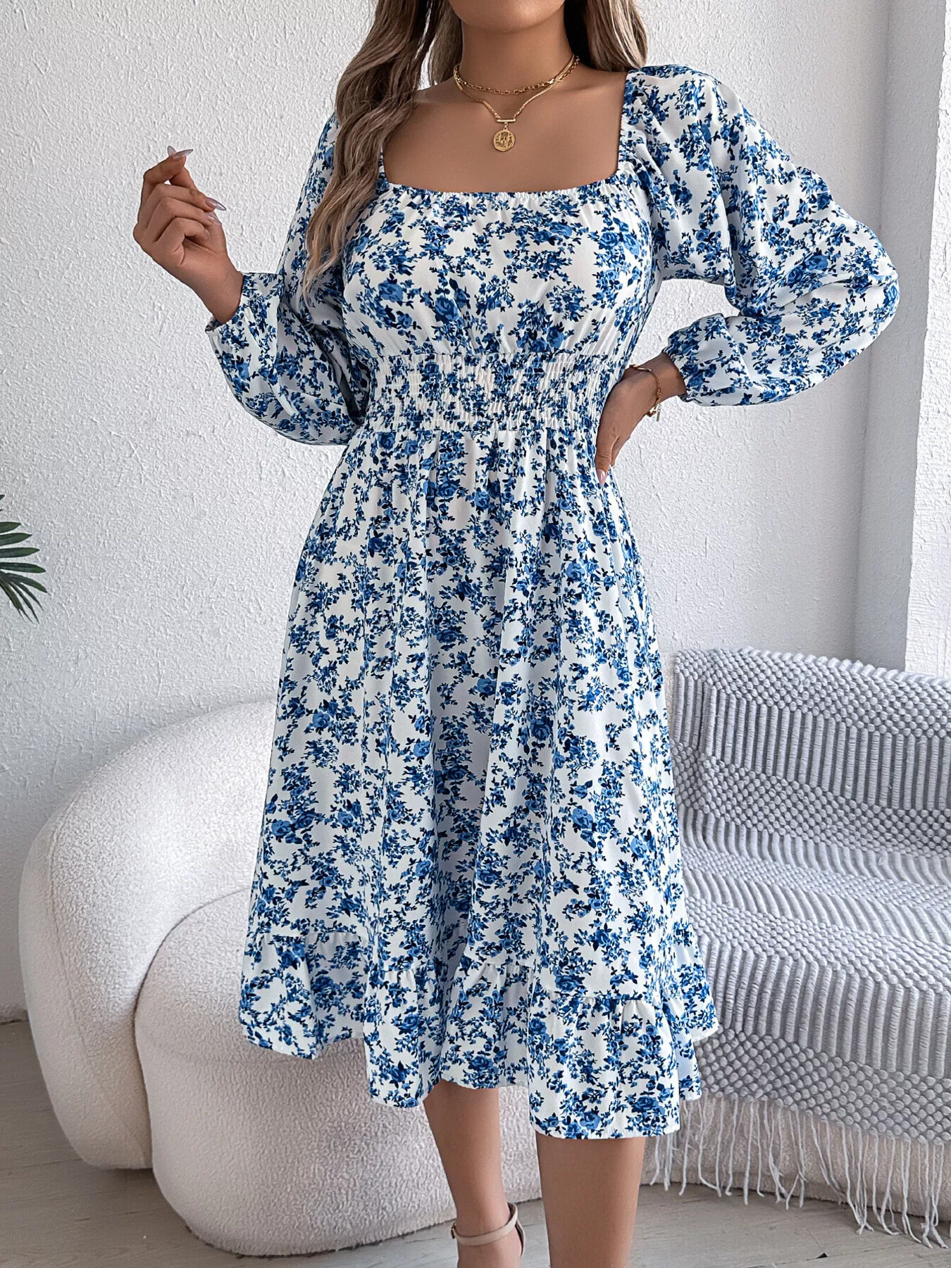 Floral Print Long Sleeve Square Neck Midi Dress - Image 12