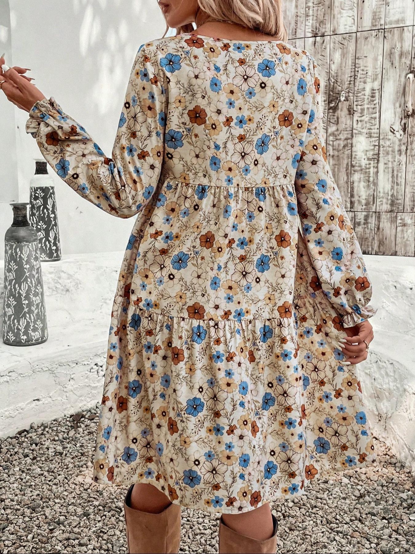 Floral Print Long Sleeve Tiered Dress - Image 2