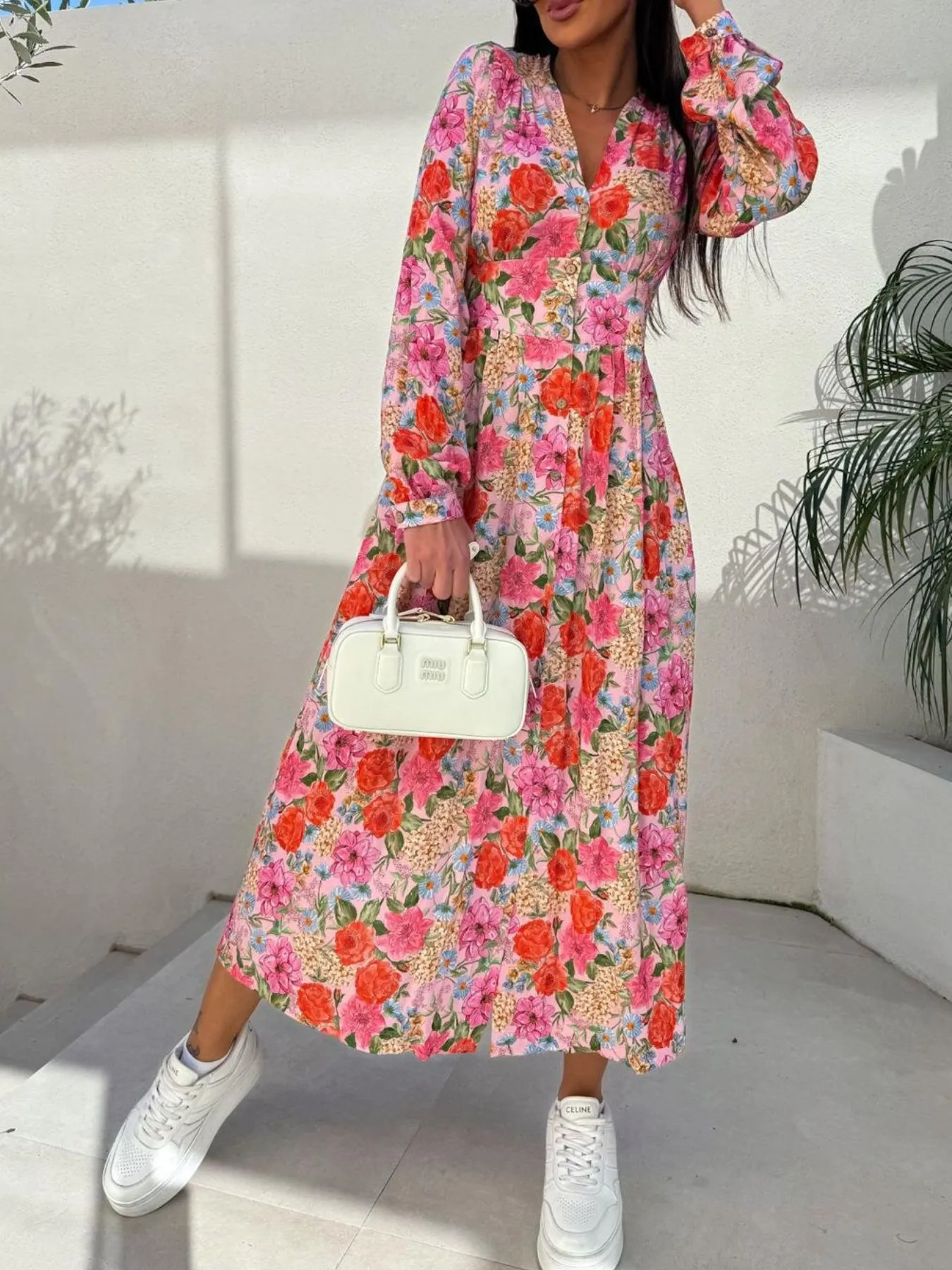 Floral Print Long Sleeve V-Neck Dress - Image 2