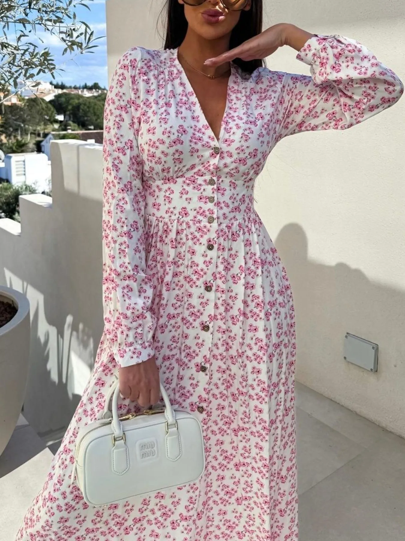 Floral Print Long Sleeve V-Neck Dress - Image 9