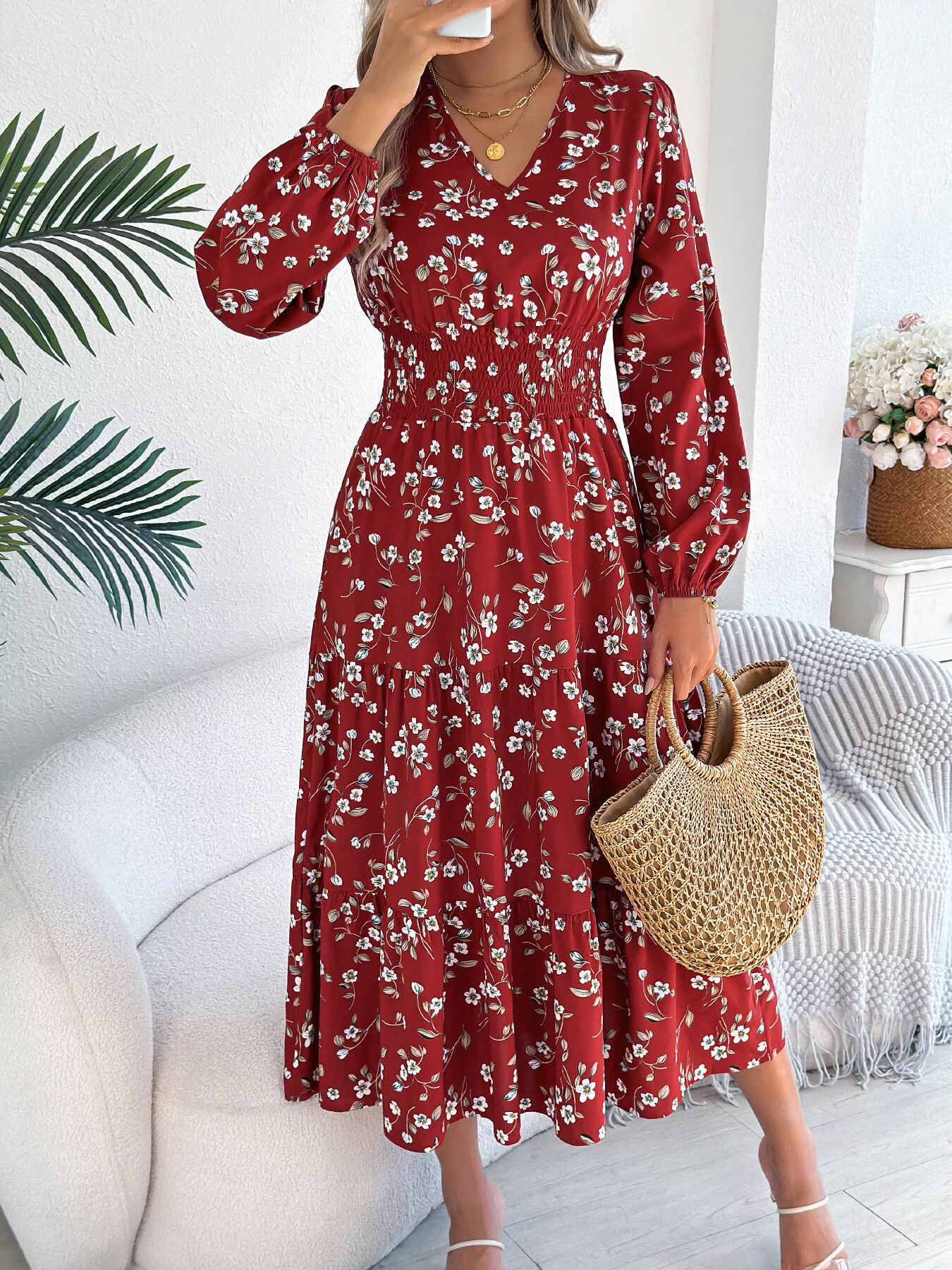 Floral Print Long Sleeve V-Neck Midi Dress - Image 10