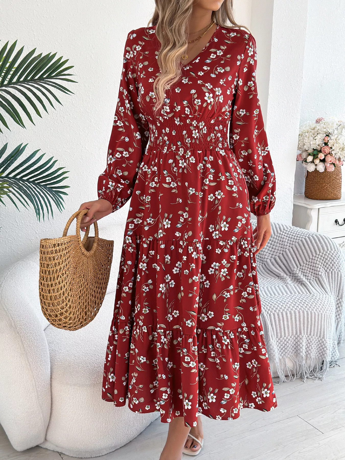 Floral Print Long Sleeve V-Neck Midi Dress - Image 12