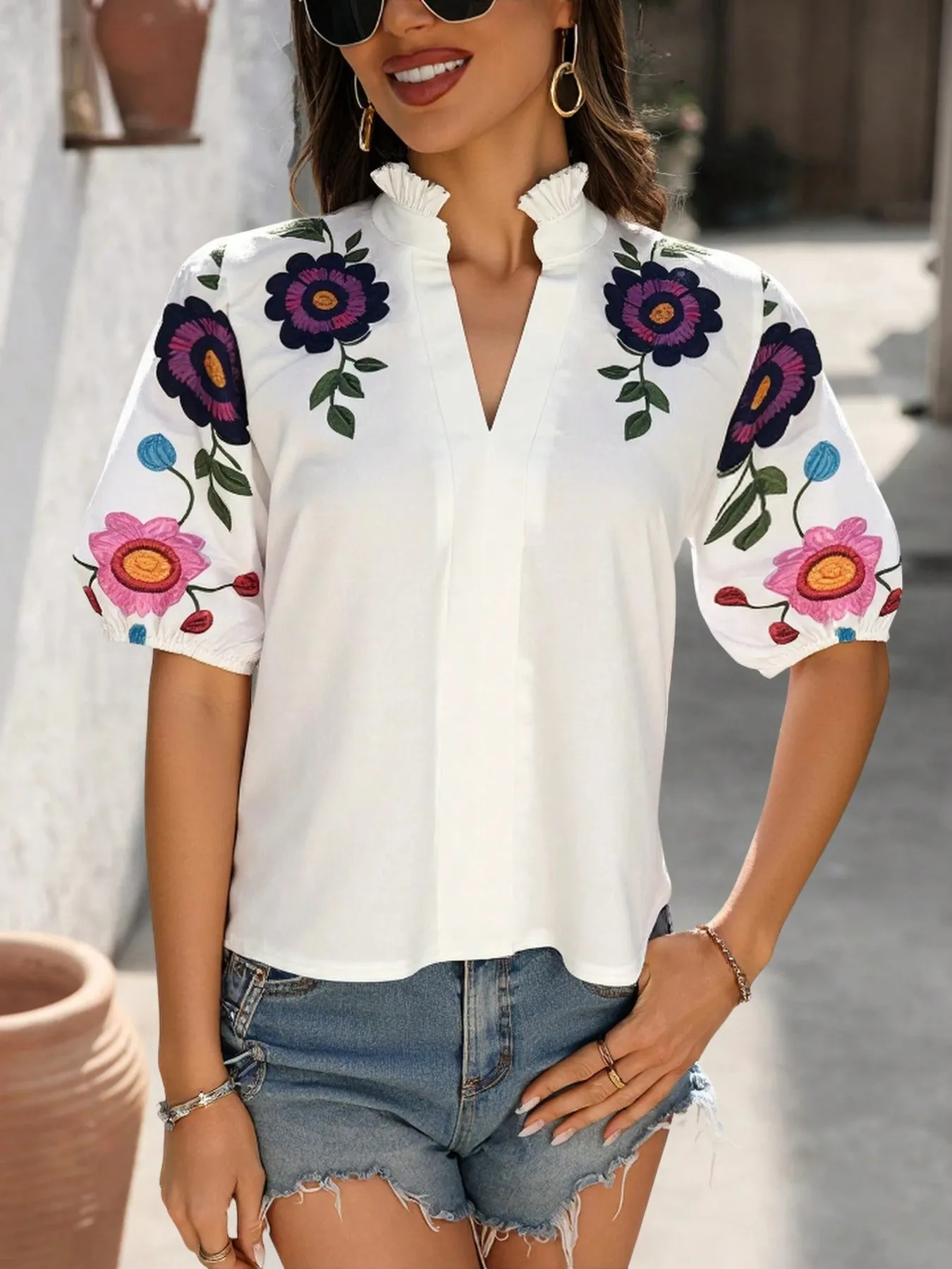 Floral Print Notched Puff Sleeve Blouse - Image 18