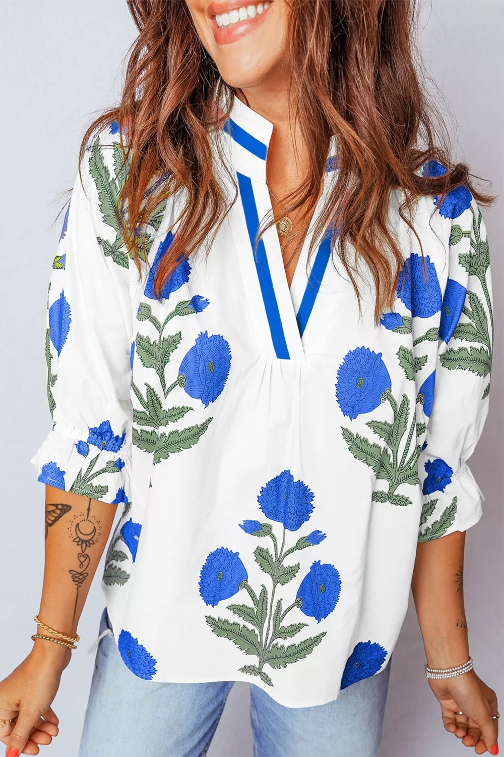 Floral Print Notched Ruffled Sleeve Blouse - Image 10