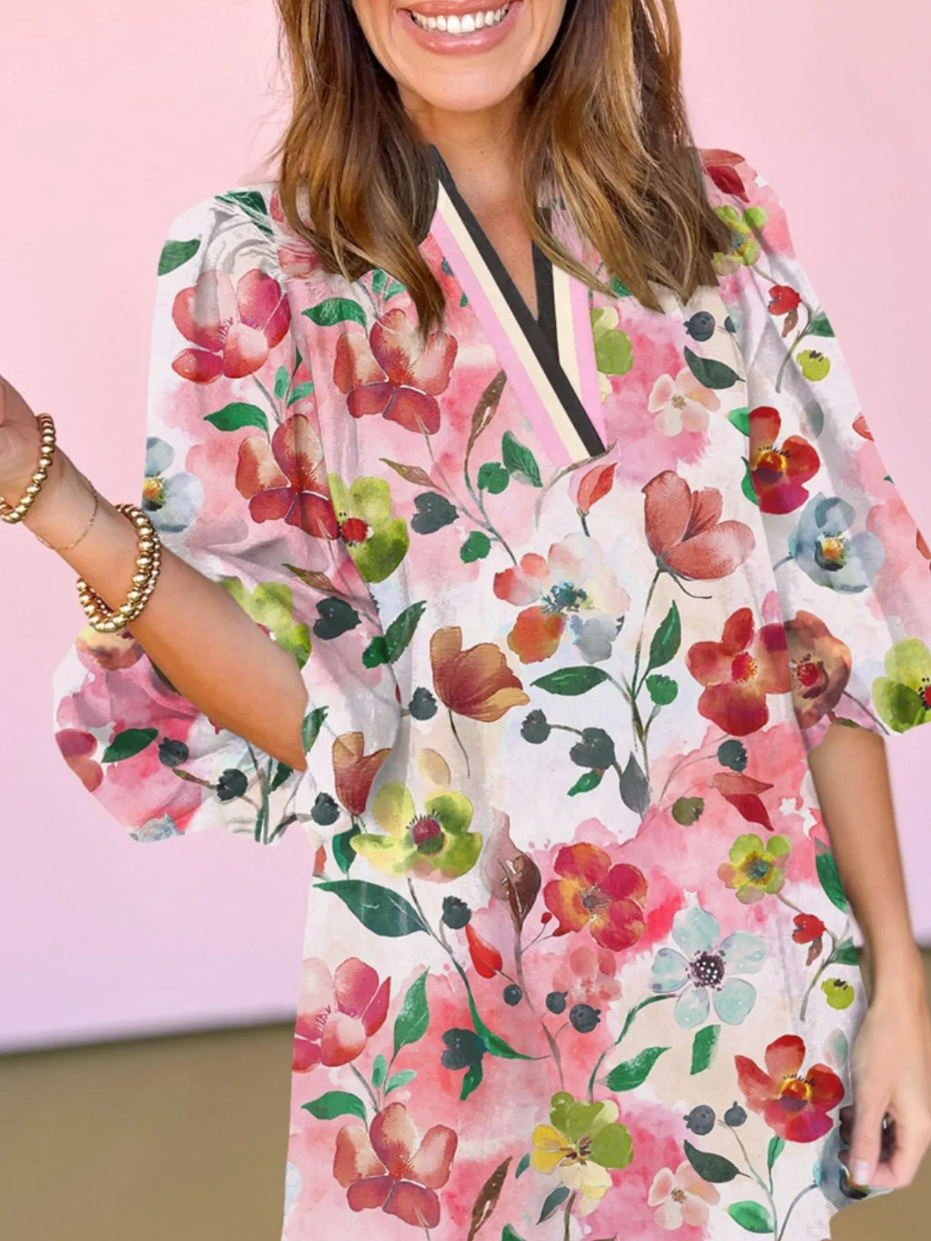 Floral Print Notched Tunic Dress - Image 3