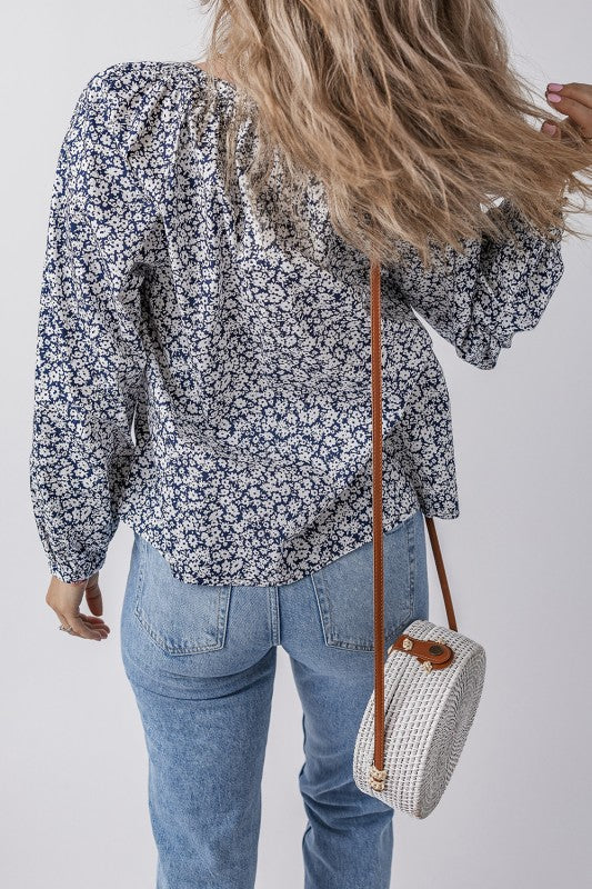Floral Print Notched V Neck Puff Sleeve Blouse - Image 4