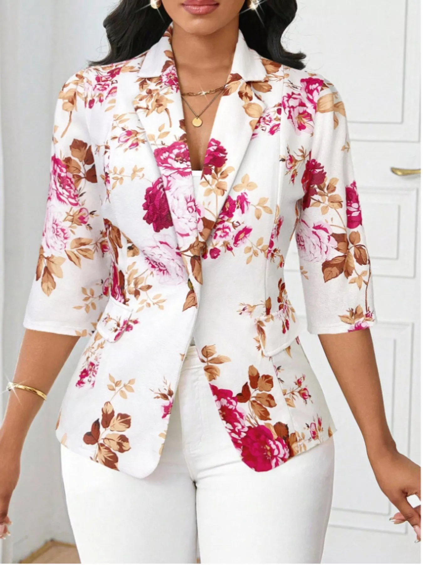Floral Print One Button Casual Blazer - Image 10