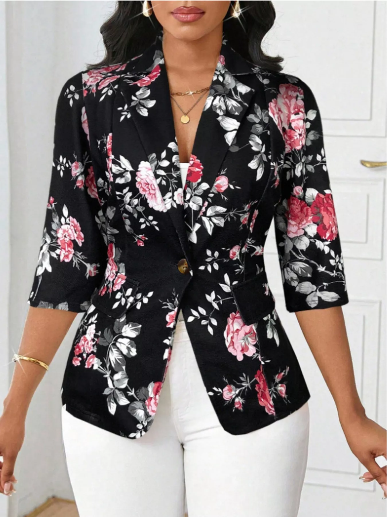 Floral Print One Button Casual Blazer - Image 3