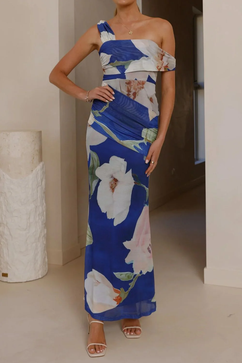 Floral Print One-Shoulder Ruched Maxi Dress - Image 5