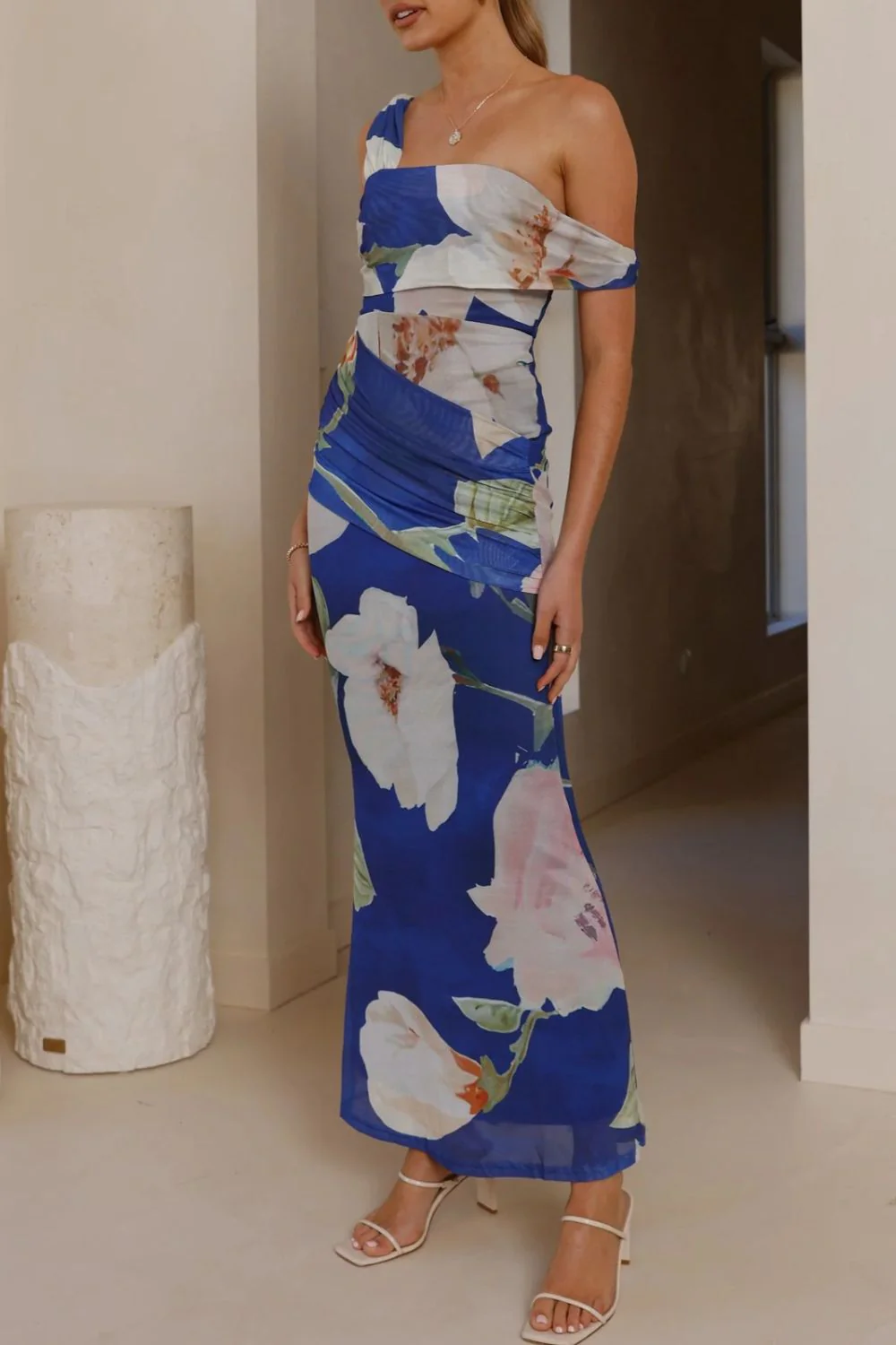 Floral Print One-Shoulder Ruched Maxi Dress - Image 7
