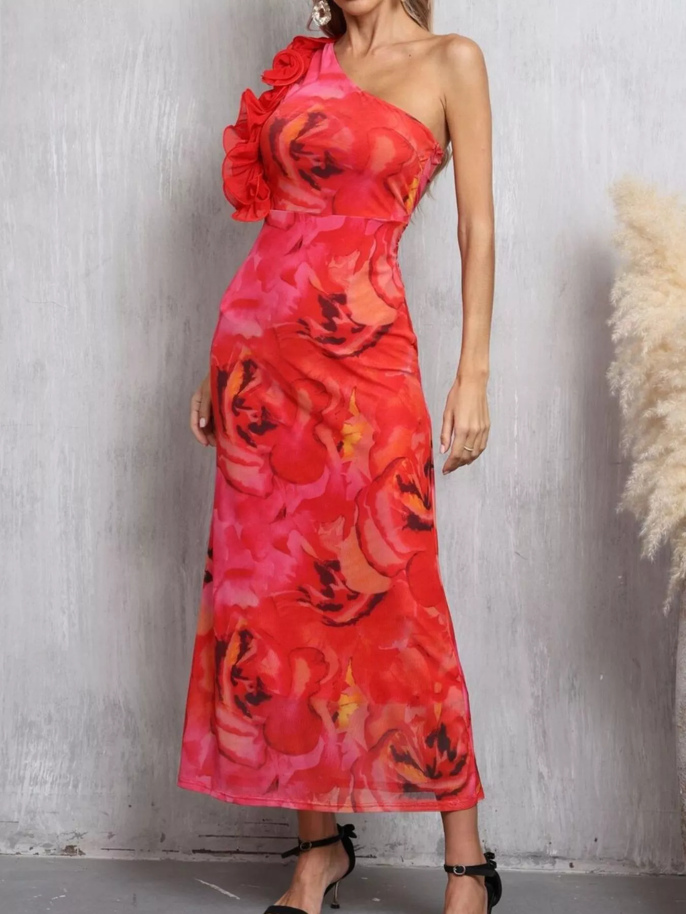Floral Print One Shoulder Ruffle Trim Dress - Image 3