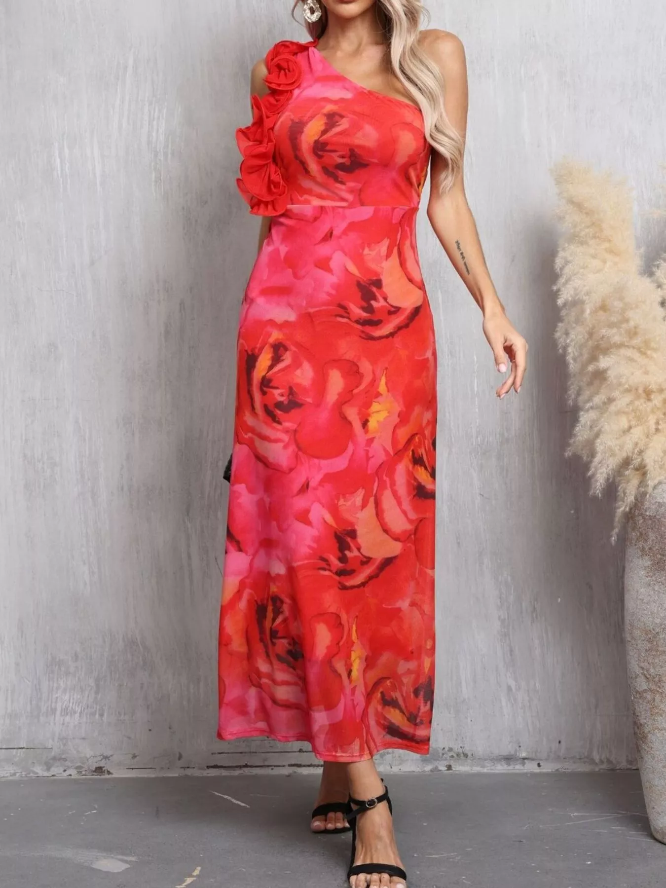Floral Print One Shoulder Ruffle Trim Dress - Image 4