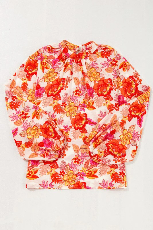Floral Print Pearl Button Long Puff Sleeve Blouse - Image 5