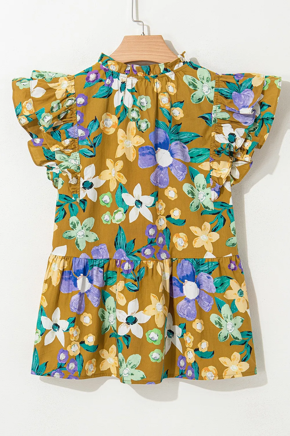 Floral Print Ruffle Cap Sleeve Tie Neck Top - Image 7