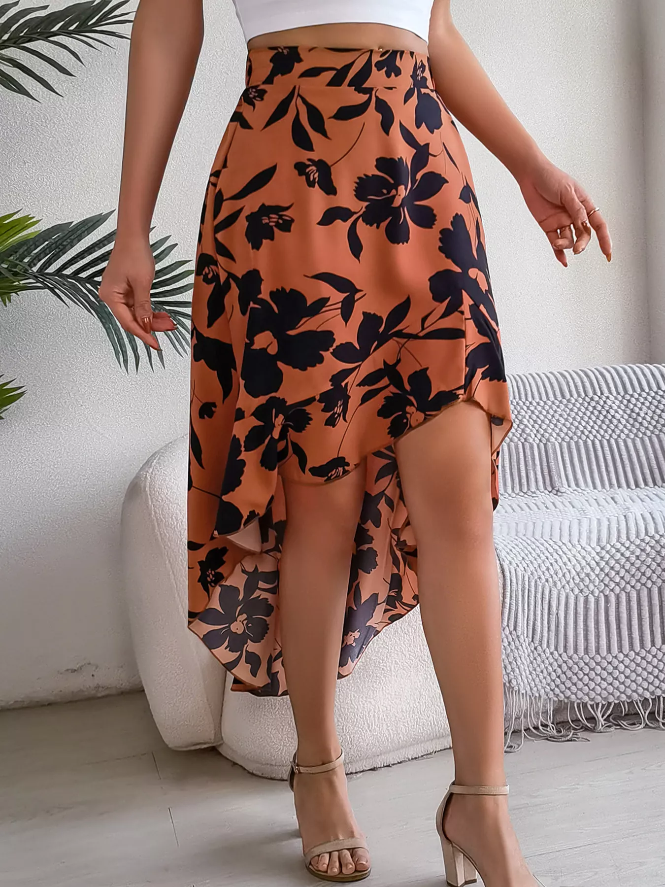 Floral Print Ruffle Hem Asymmetrical Skirt - Image 10