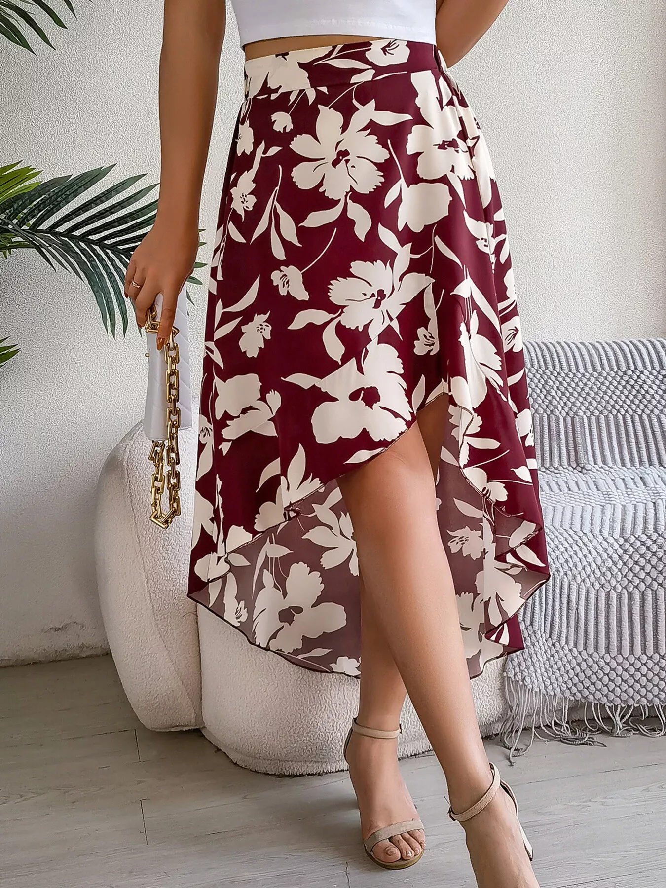Floral Print Ruffle Hem Asymmetrical Skirt - Image 14
