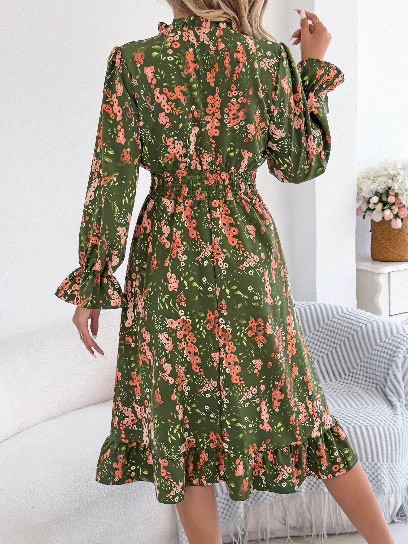 Floral Print Ruffle Hem Flounce Sleeve A-Line Dress - Image 10