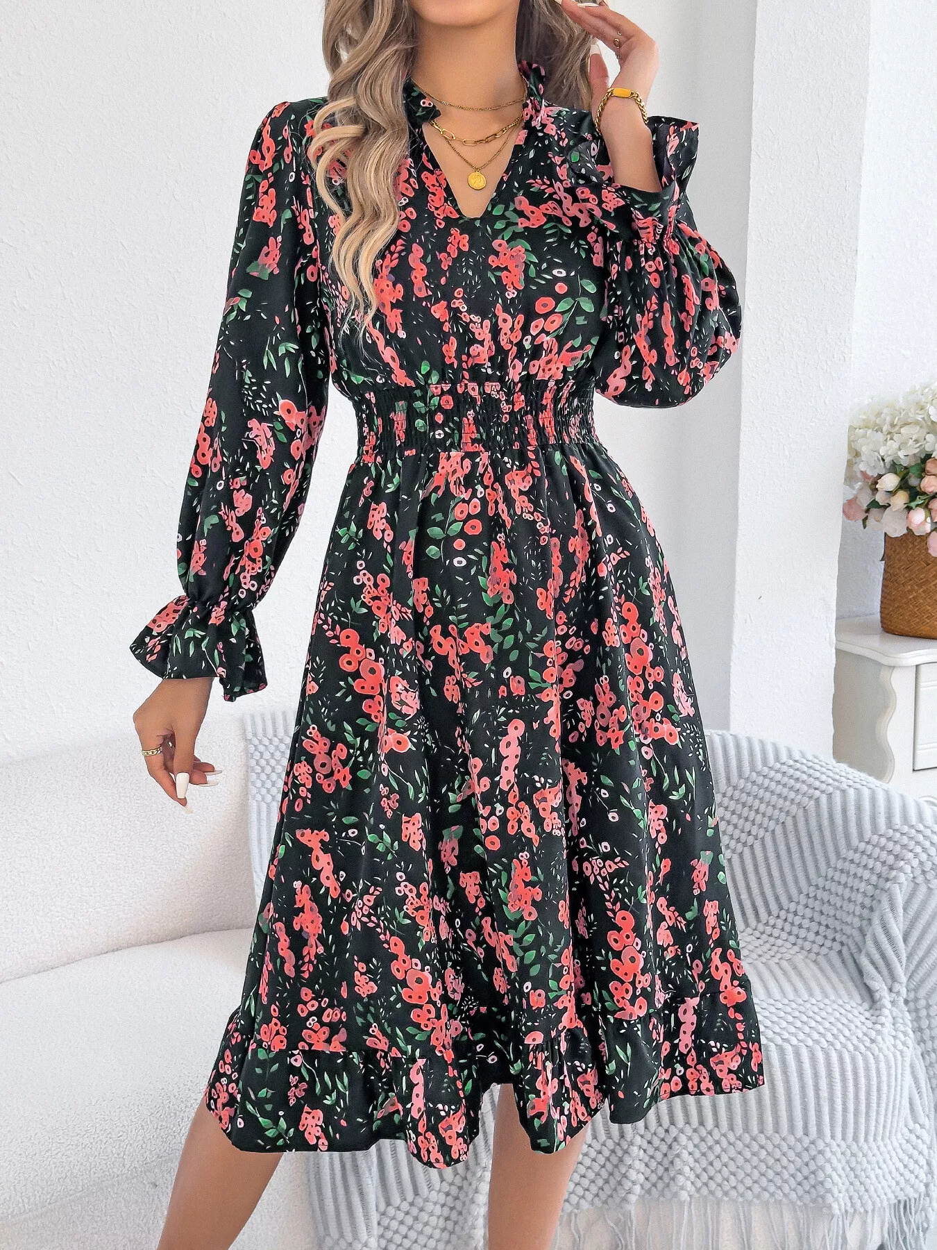 Floral Print Ruffle Hem Flounce Sleeve A-Line Dress - Image 11
