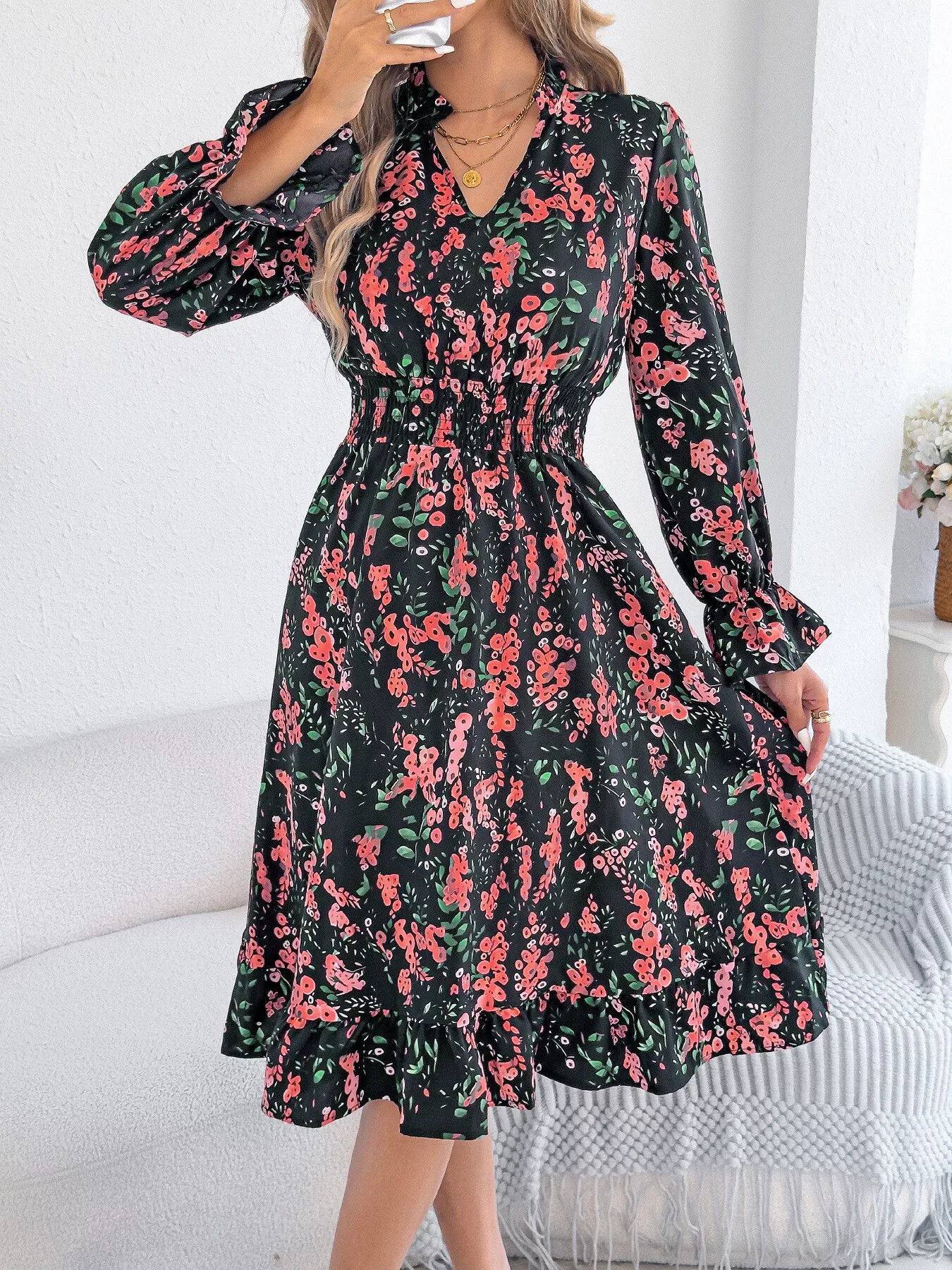 Floral Print Ruffle Hem Flounce Sleeve A-Line Dress - Image 12