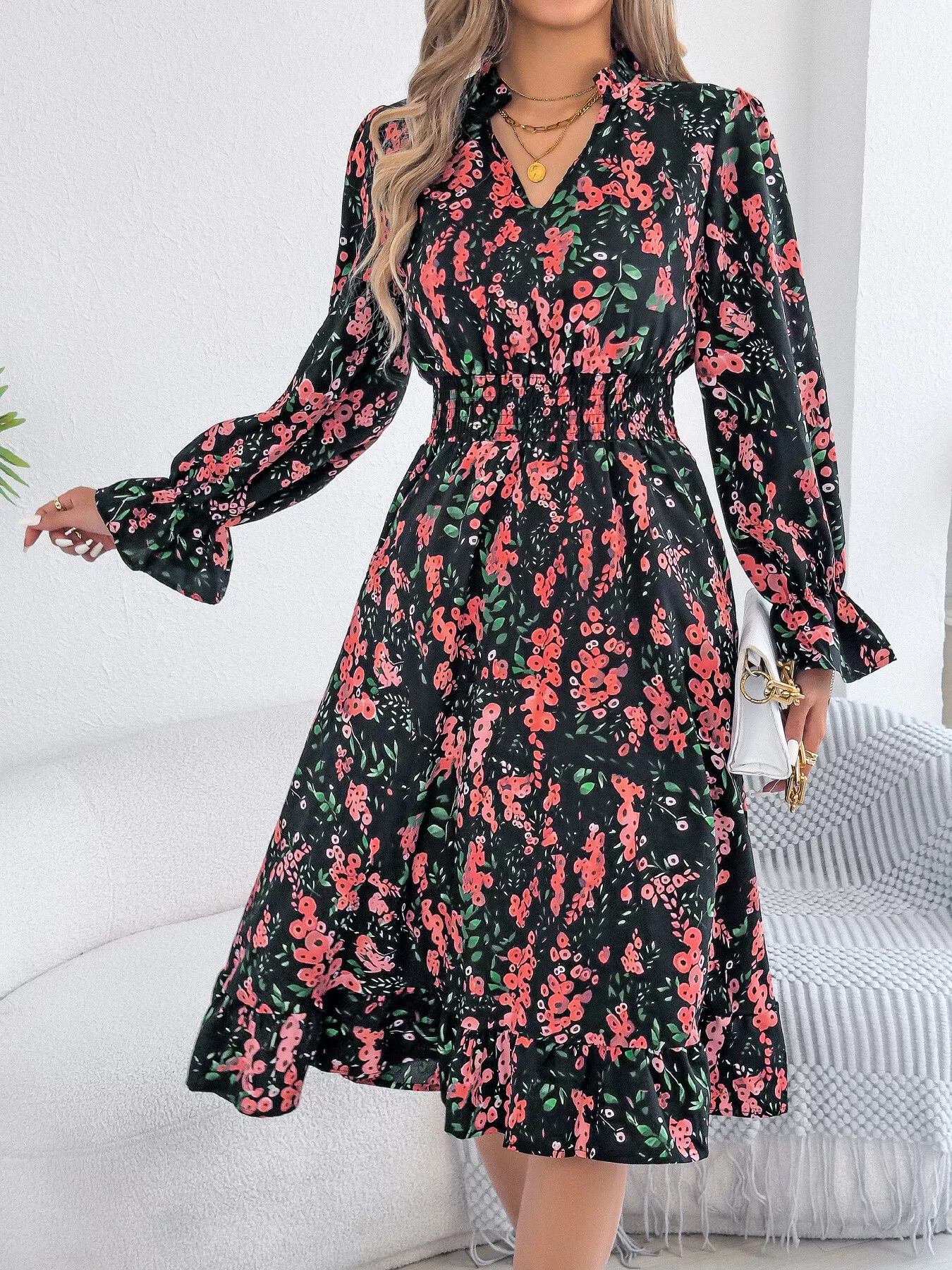 Floral Print Ruffle Hem Flounce Sleeve A-Line Dress - Image 13
