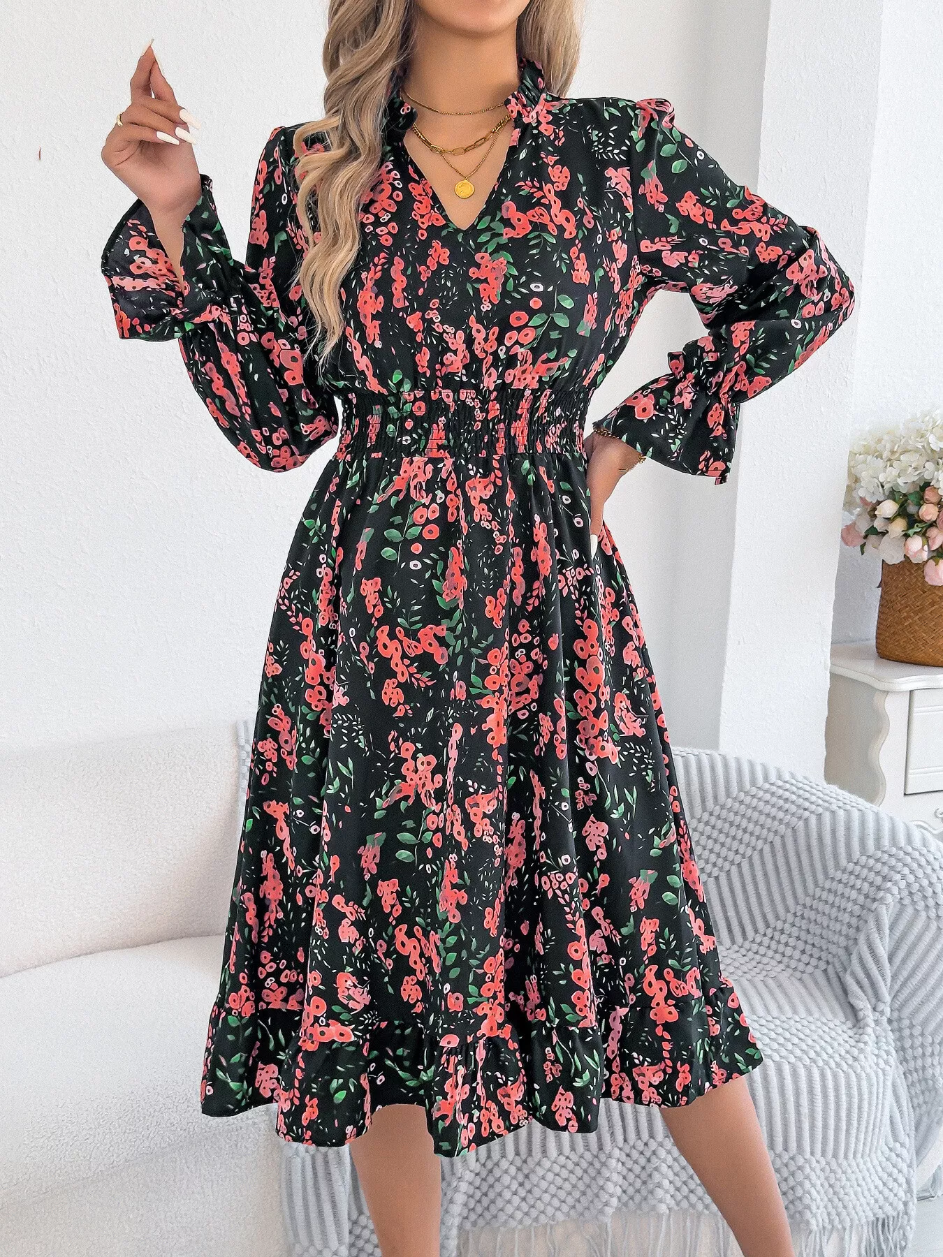 Floral Print Ruffle Hem Flounce Sleeve A-Line Dress - Image 14