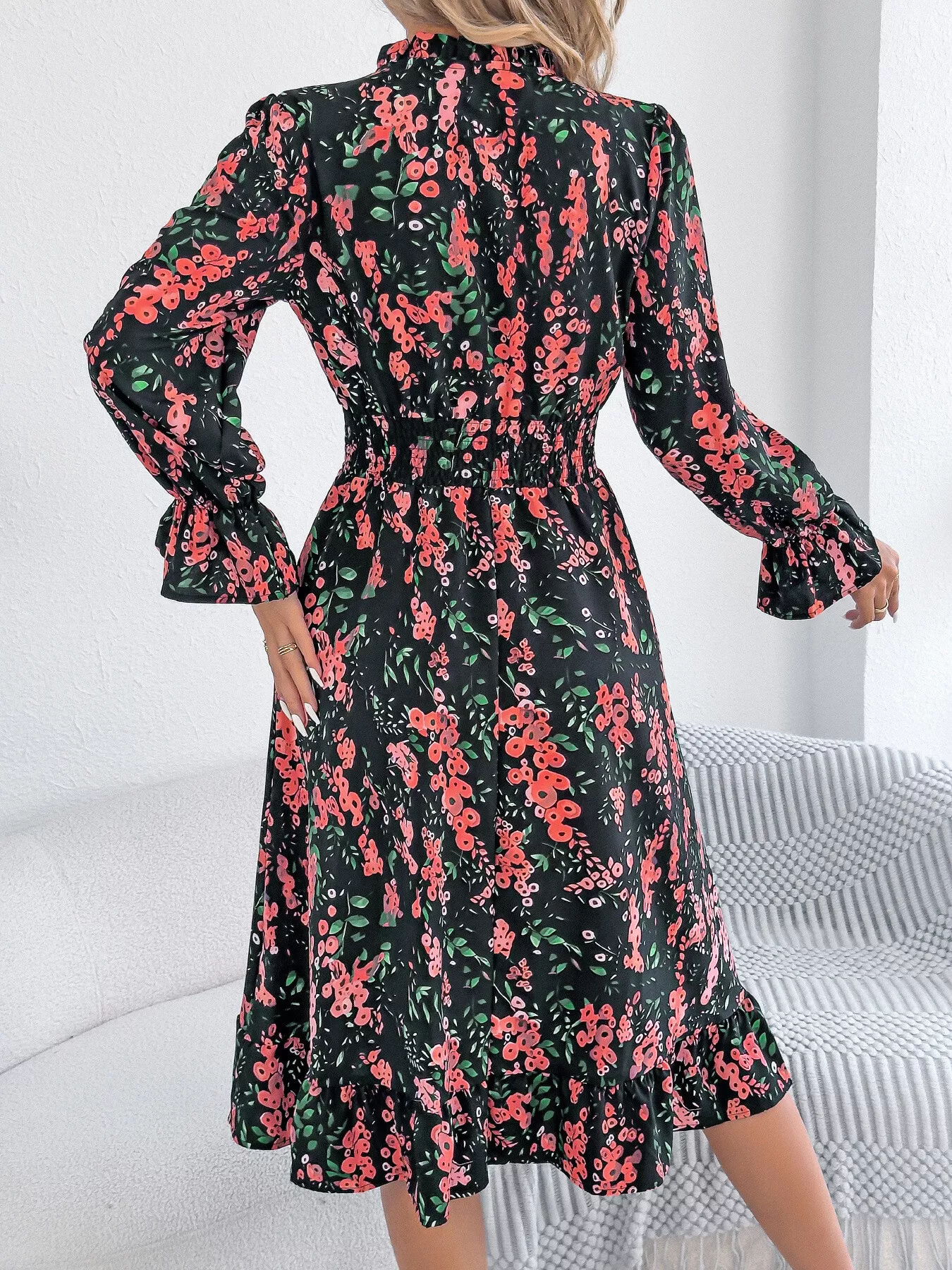 Floral Print Ruffle Hem Flounce Sleeve A-Line Dress - Image 15