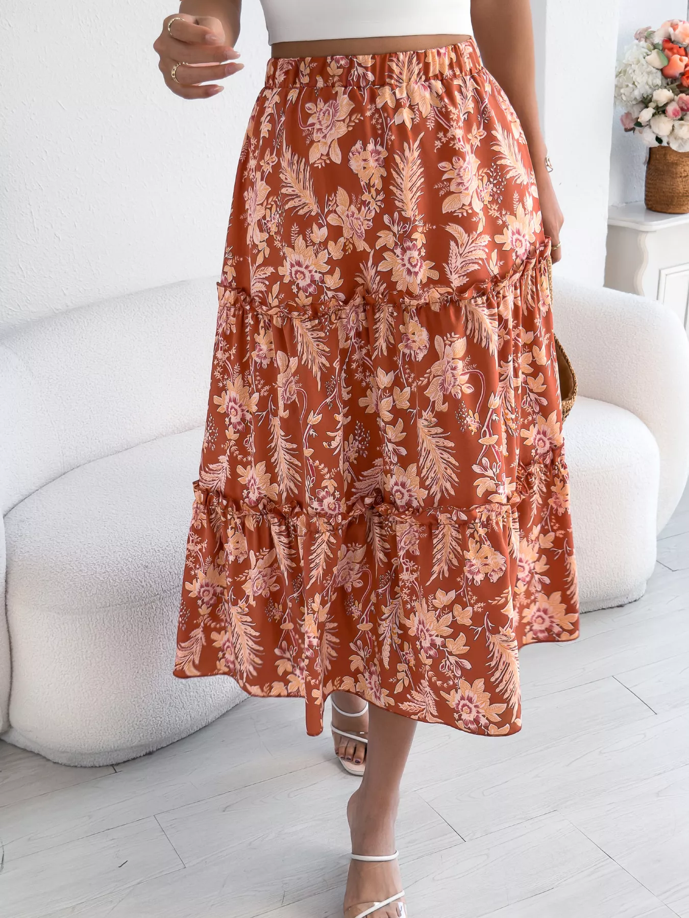 Floral Print Ruffle Hem Flowy Midi Skirt - Image 11