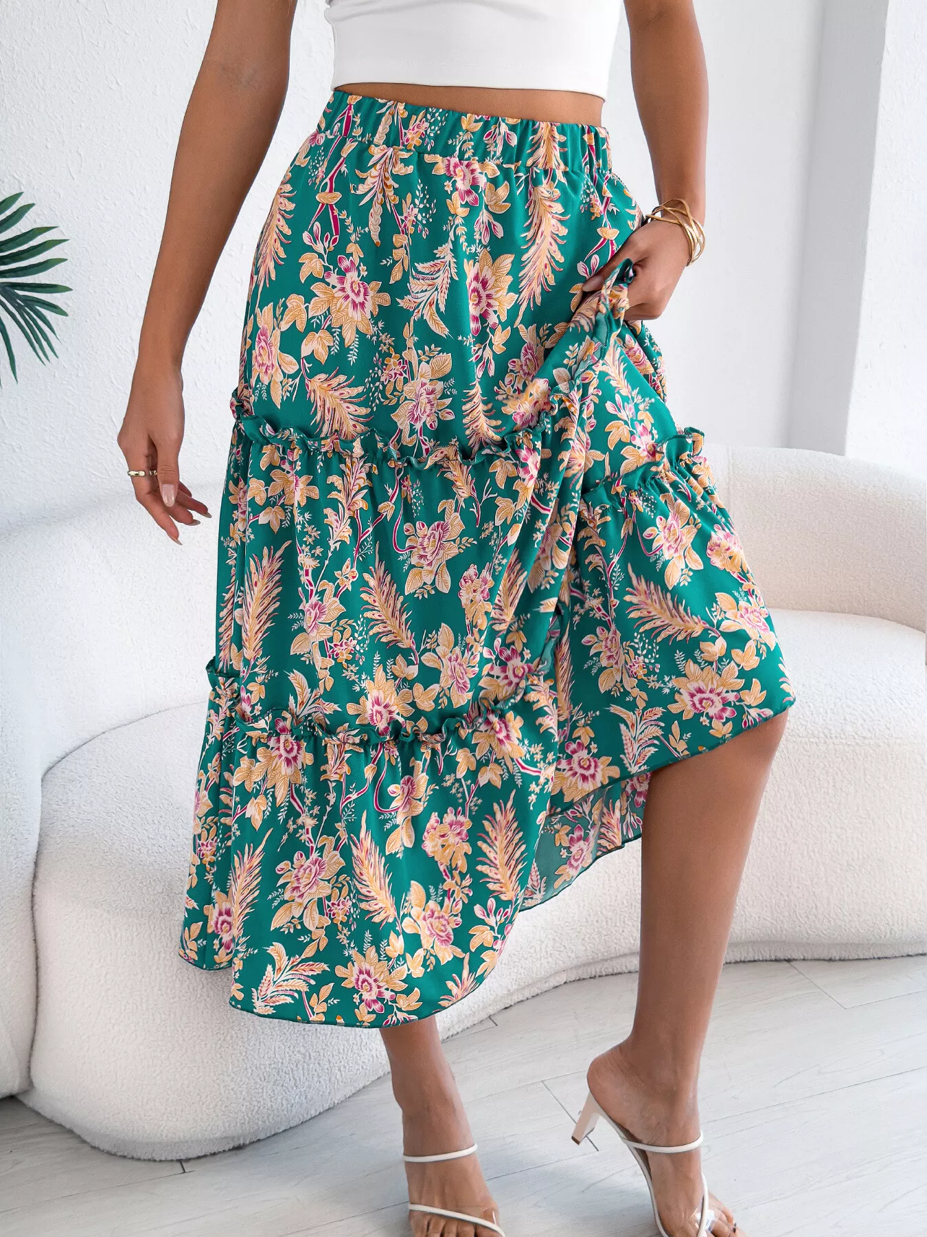 Floral Print Ruffle Hem Flowy Midi Skirt - Image 6
