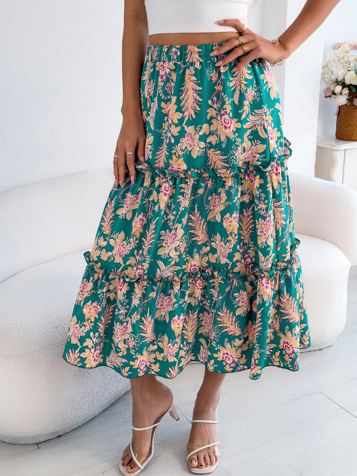 Floral Print Ruffle Hem Flowy Midi Skirt - Image 9