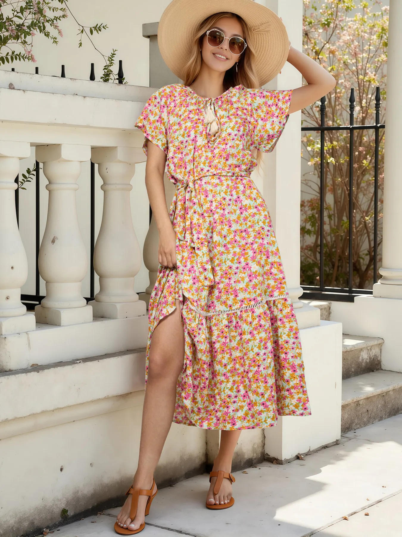 Floral Print Ruffle Hem Midi Dress - Image 2