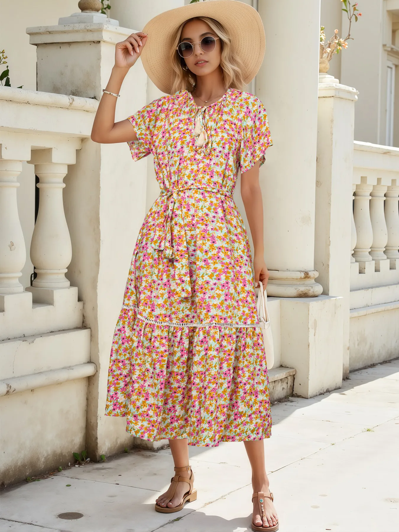 Floral Print Ruffle Hem Midi Dress - Image 3