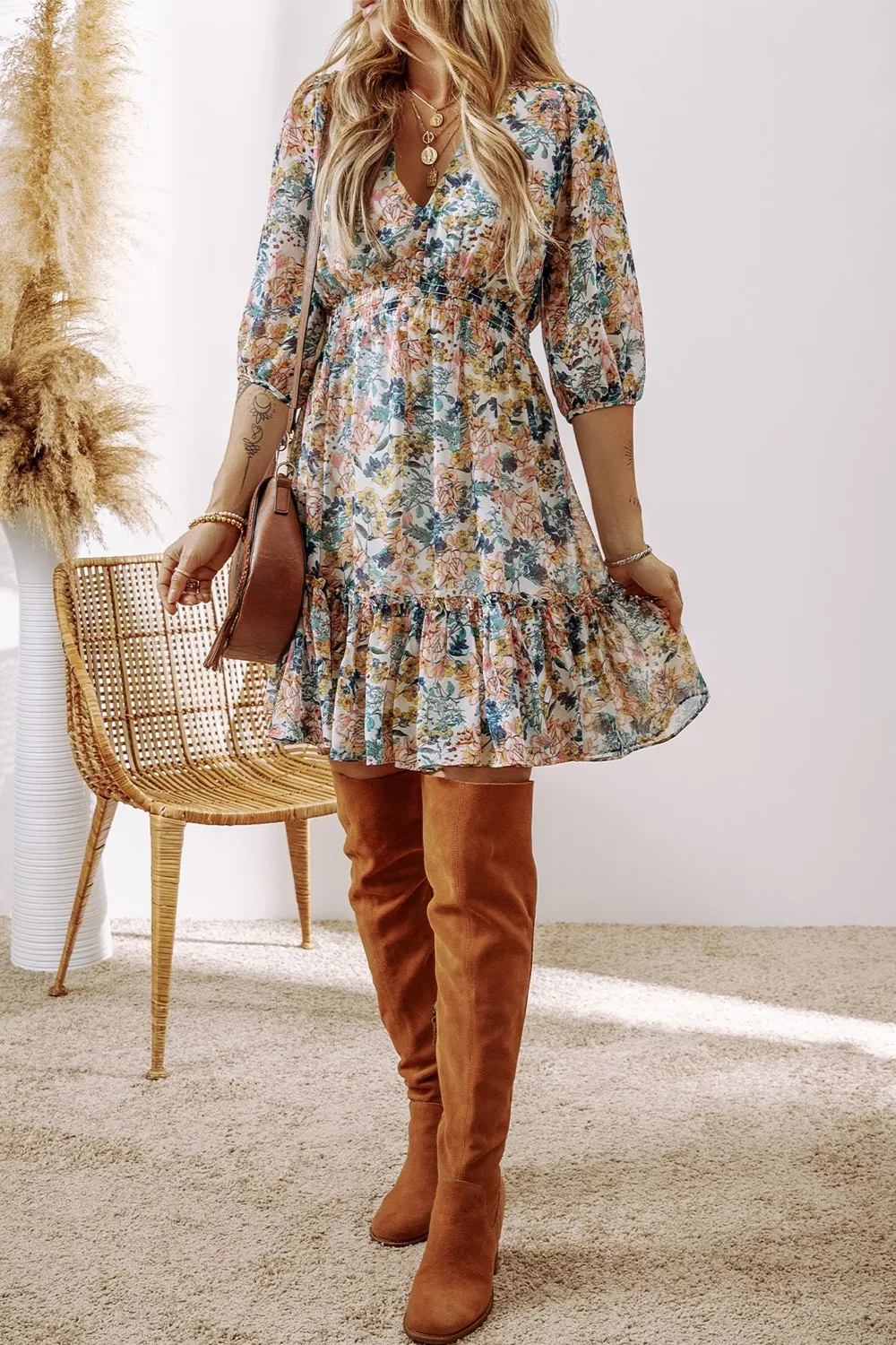 Floral Print Ruffle Hem Mini Dress - Image 2