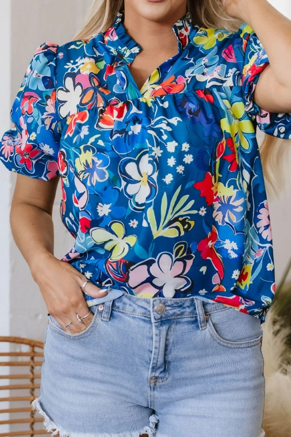Floral Print Ruffle Sleeve Loose Blouse - Image 4